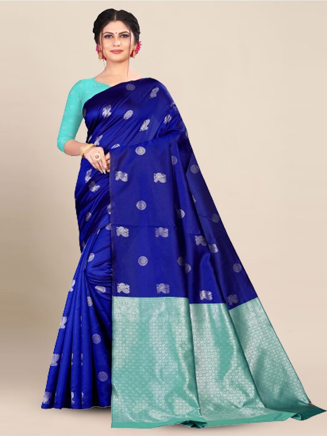 

BerMondsey Woven Design Zari Silk Blend Banarasi Saree, Blue