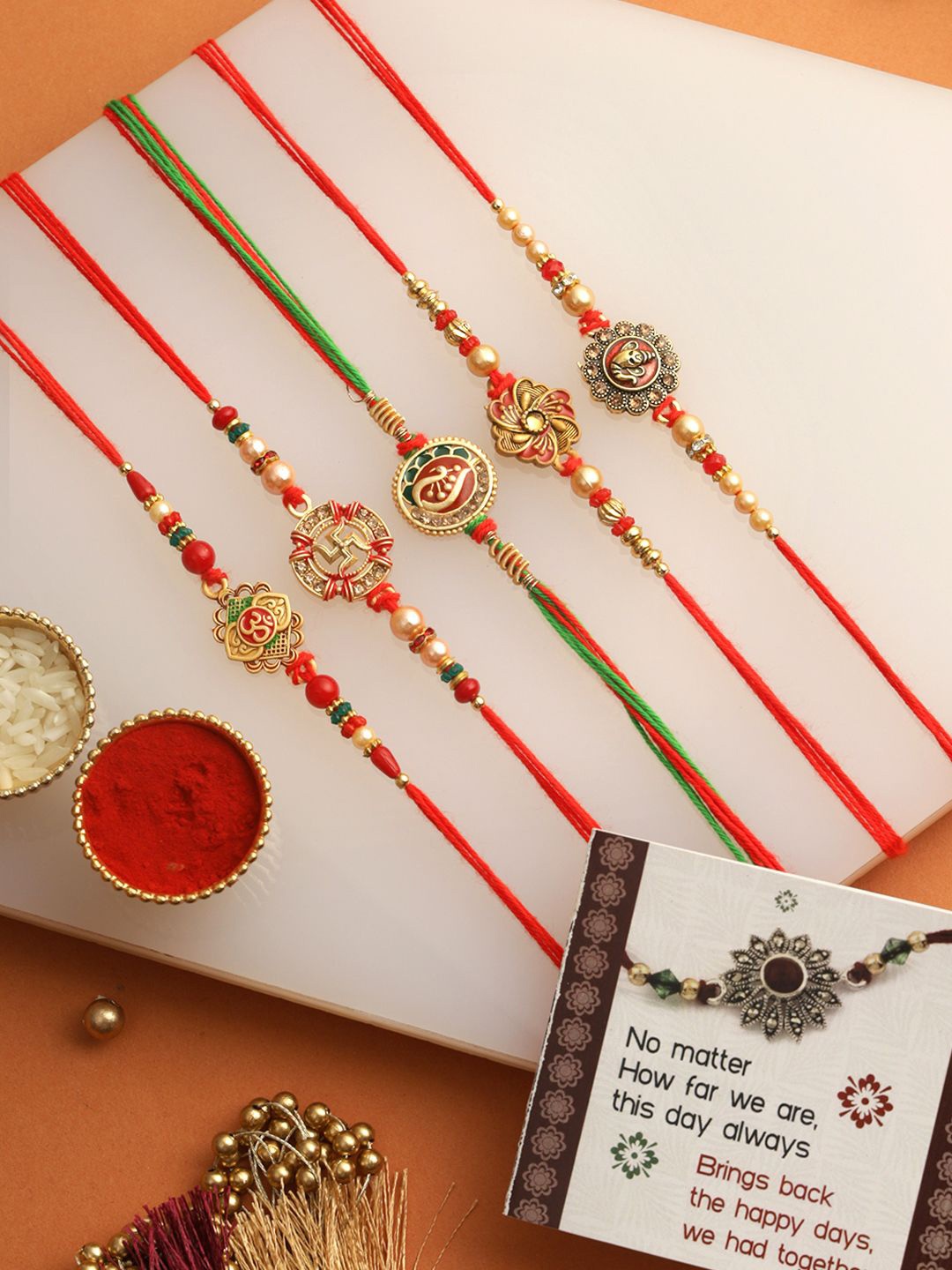 

TIED RIBBONS Set of 5 Premium Rakhi with Greeting Card & Roli Chawal Gift Pack, Red