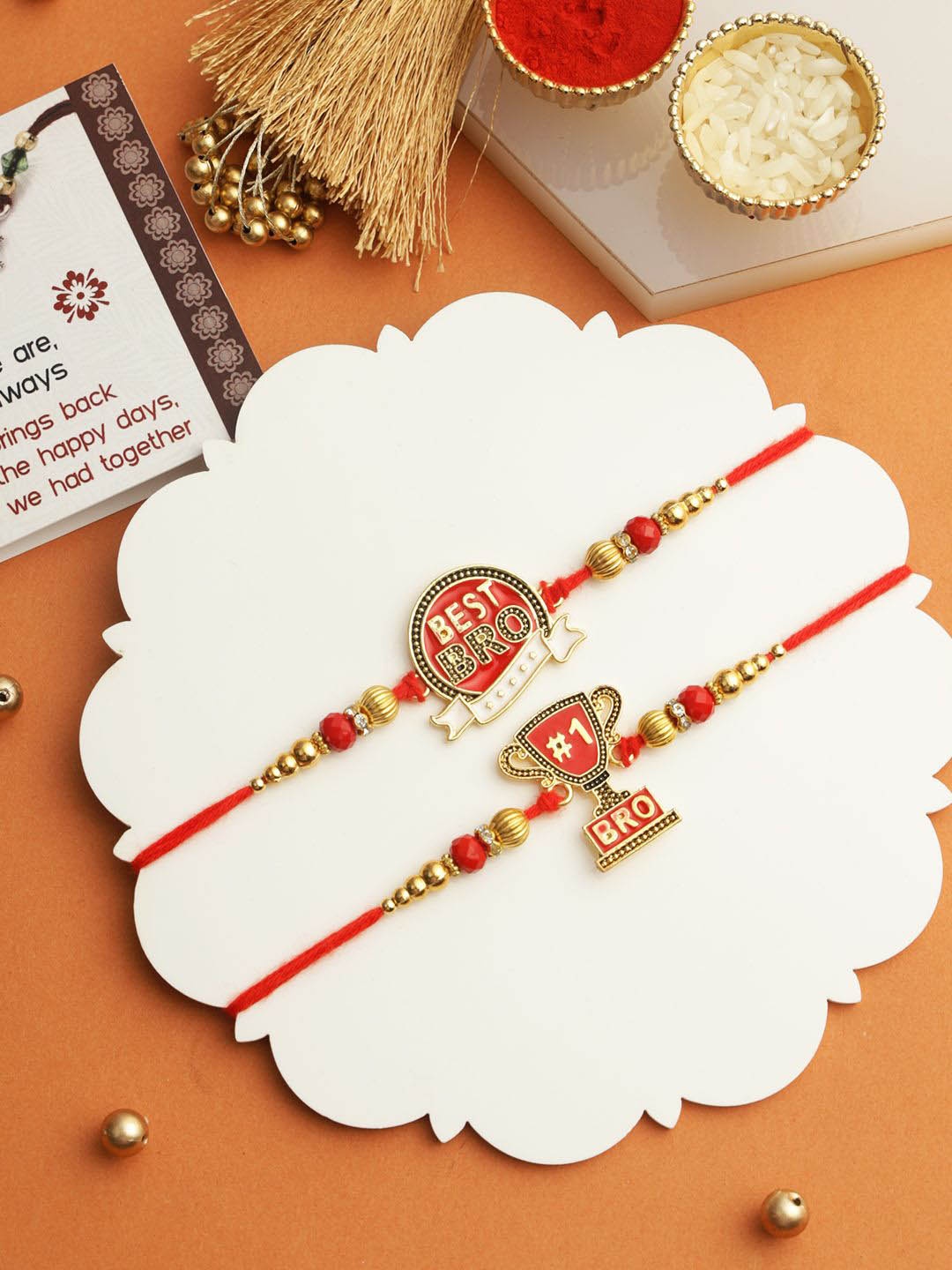 

TIED RIBBONS Set of 2 Brother Rakhi with Greeting Card & Roli Chawal, Gold
