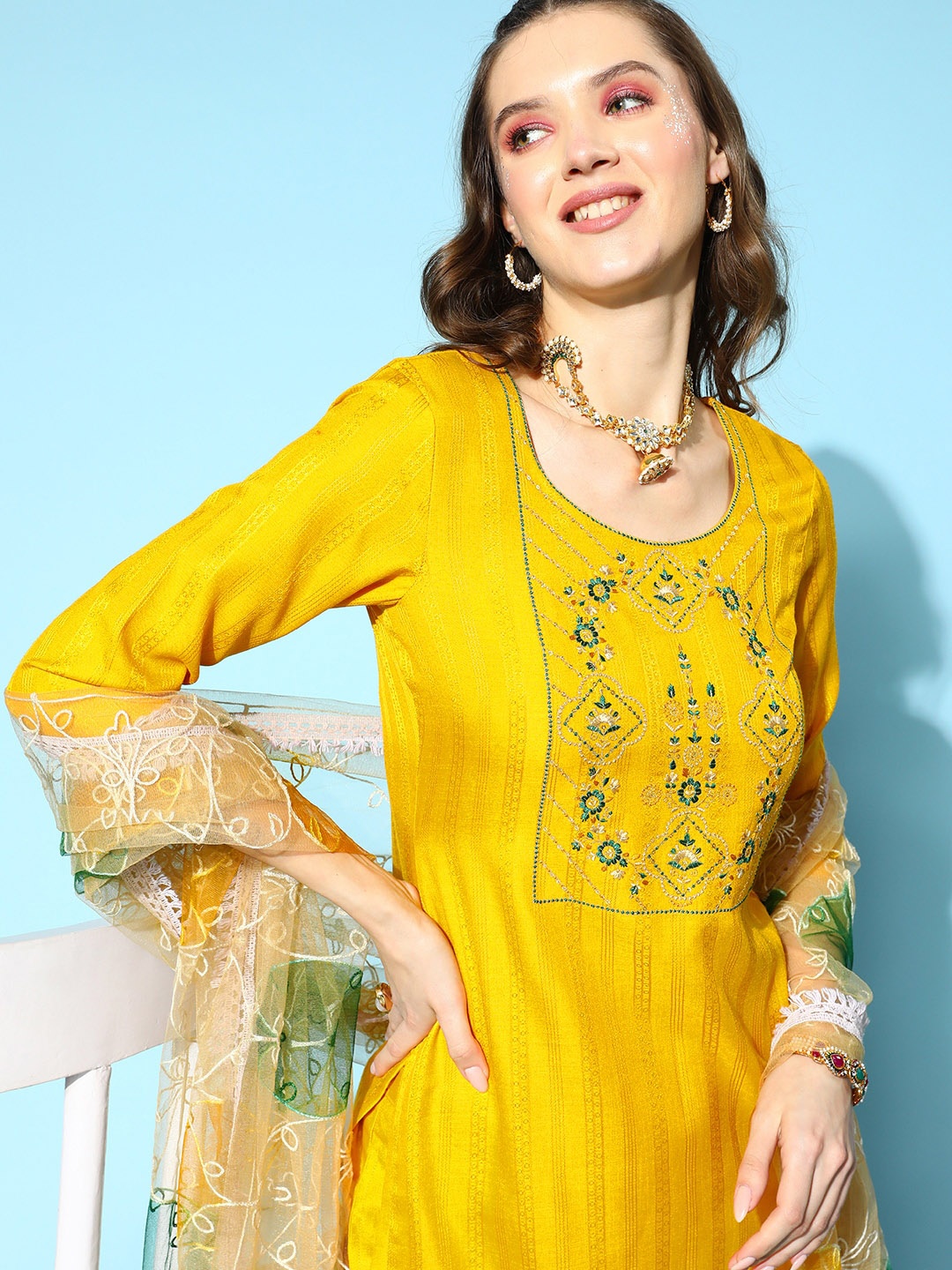 

Sangria Printed & Embroidered Straight Kurta With Trouser & Dupatta Set, Yellow