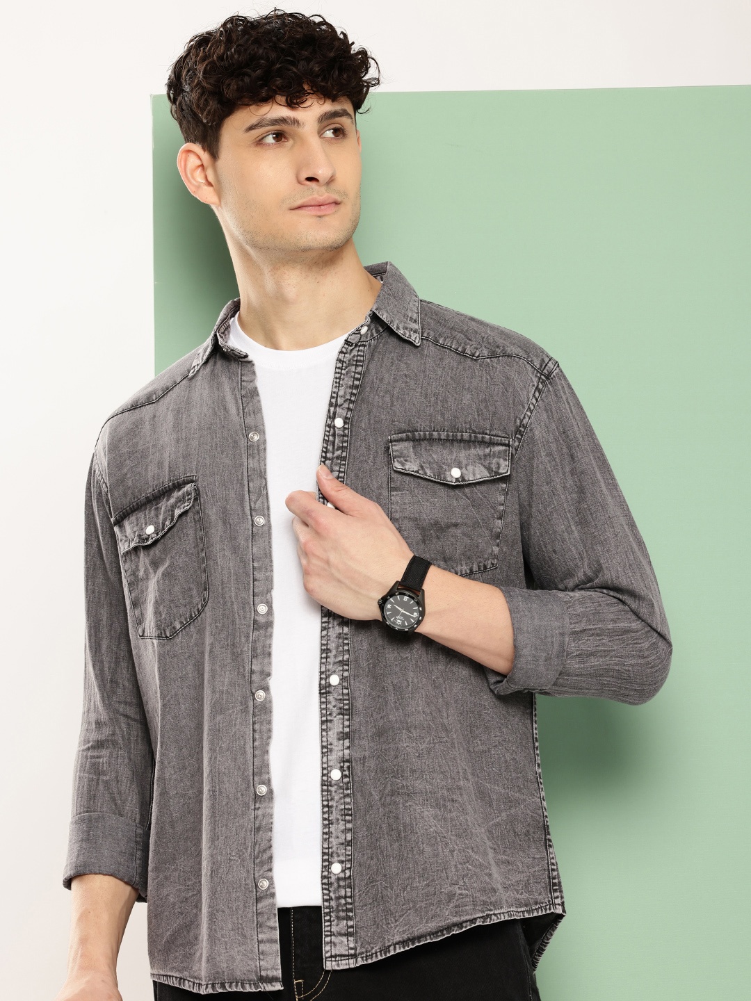 

VOXATI Men Standard Slim Fit Denim Casual Shirt, Grey