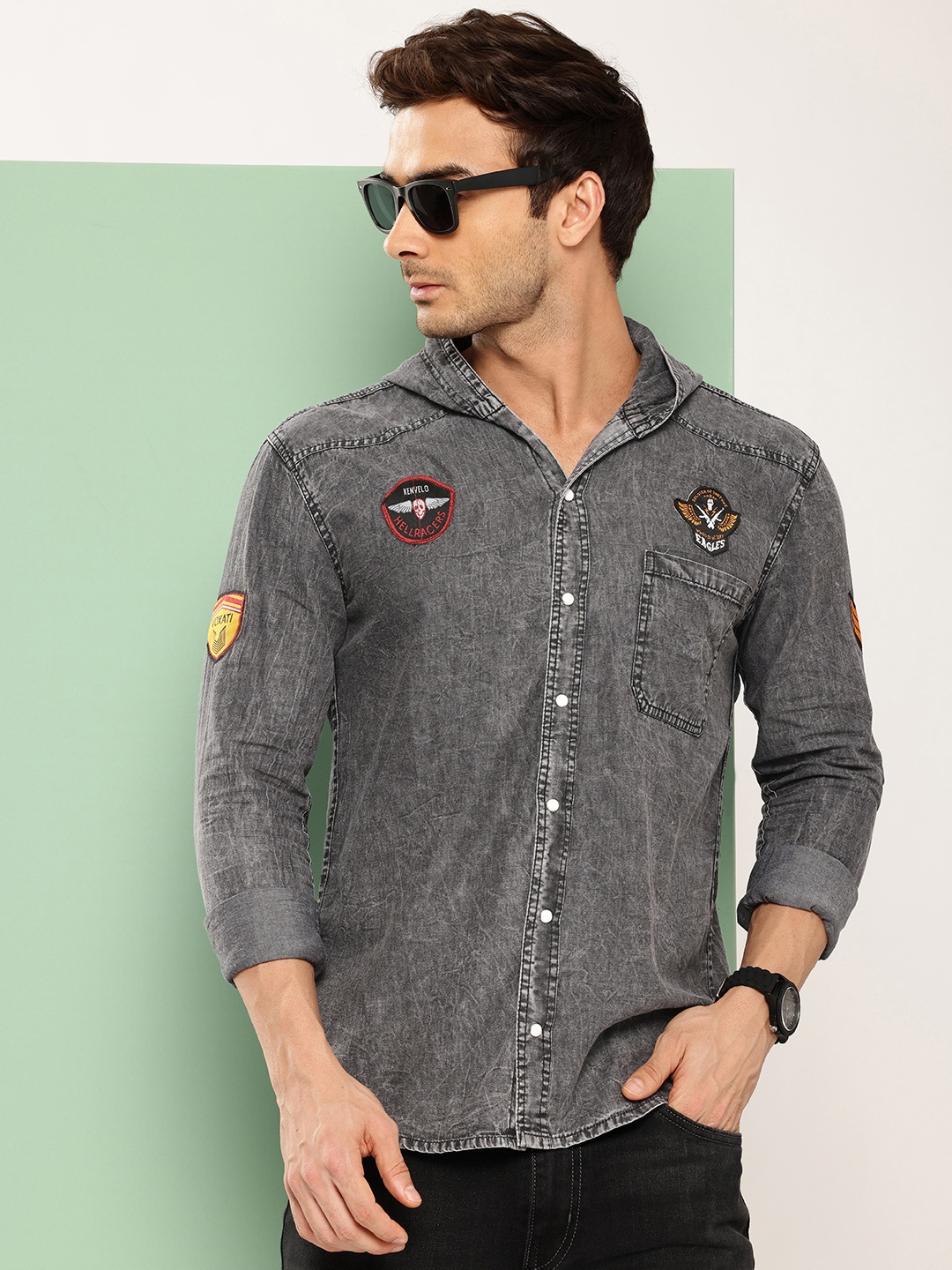 

VOXATI Men Standard Slim Fit Hooded Denim Casual Shirt, Grey