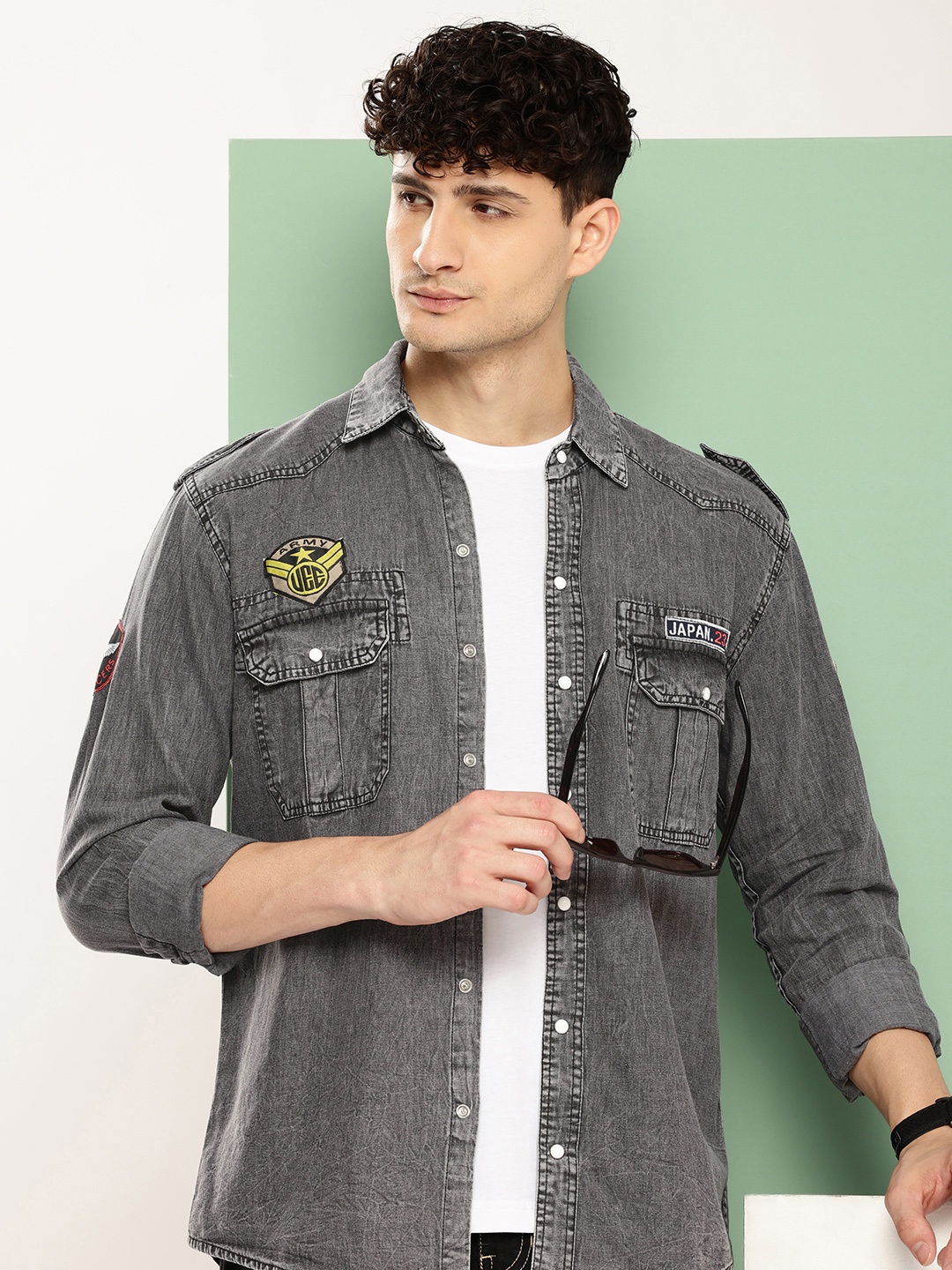 

VOXATI Men Standard Slim Fit Denim Casual Shirt, Grey