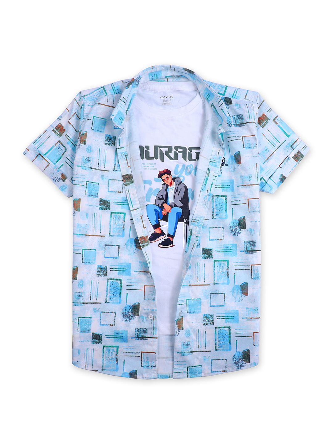 

CAVIO Boys Printed Casual Shirt & T-Shirt, Sea green