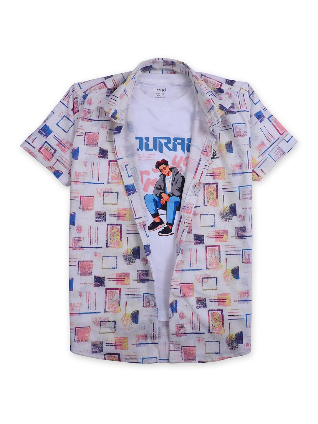 

CAVIO Boys Printed Casual Shirt & T-Shirt, Pink