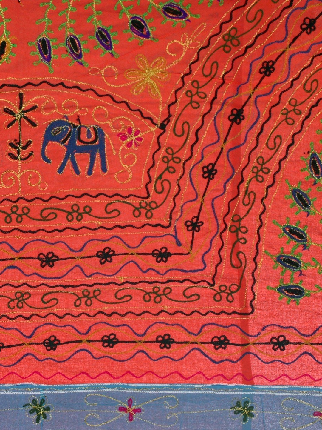 

Exotic India Grenadine Bedspread with Metallic Thread Embroidered Peacocks & Folk Motifs, Red