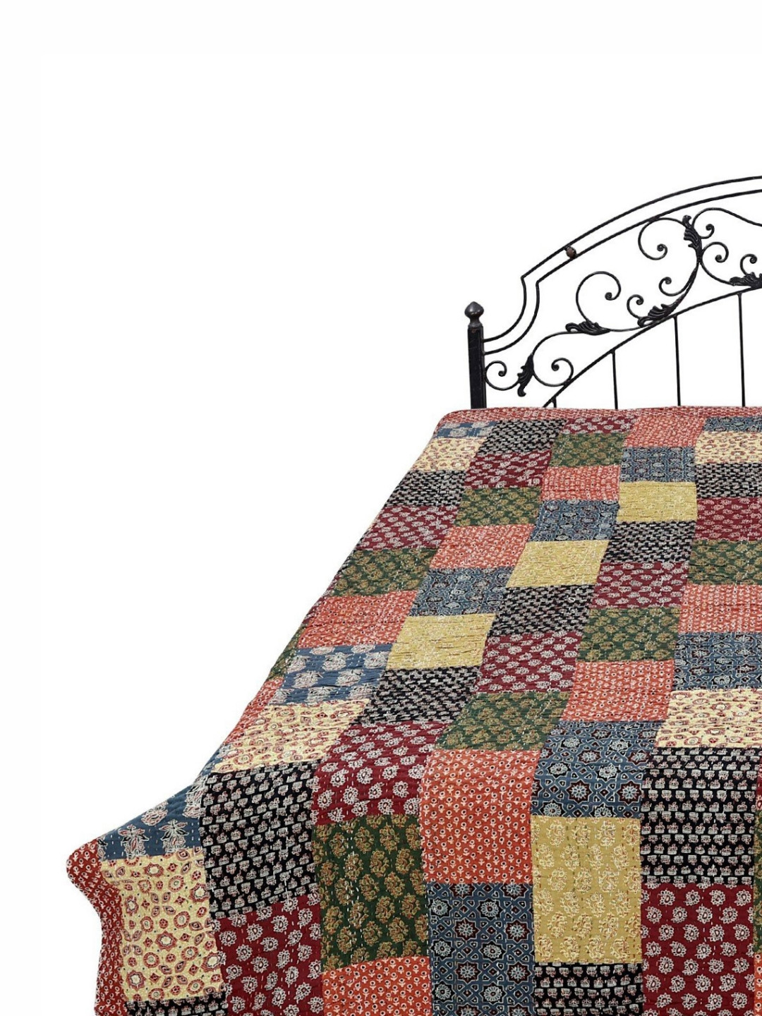 

Exotic India Fire Whirl Kantha Embroidered Jaipuri Bedcover with Crystals and Patch Work, Brown