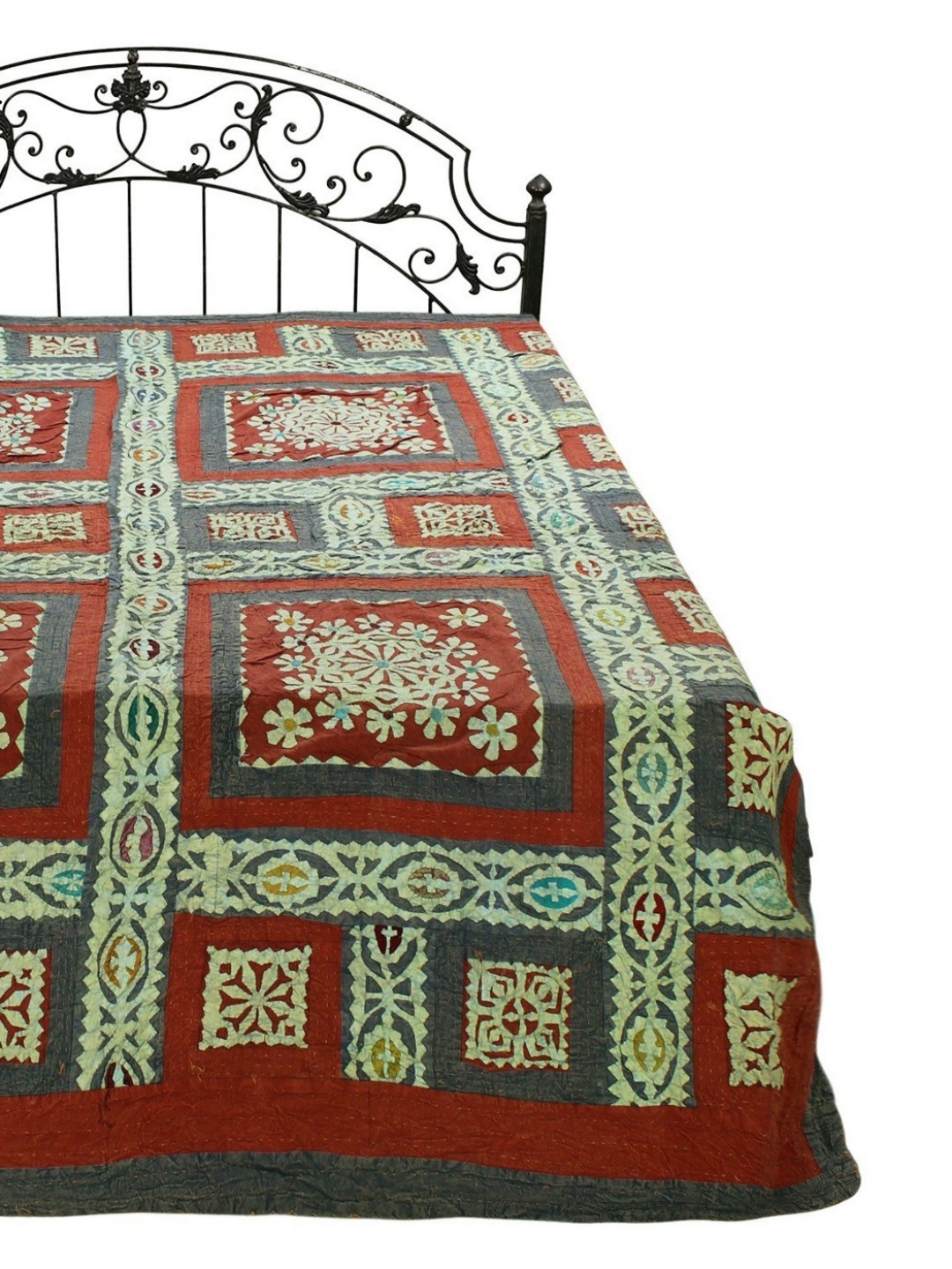 

Exotic India Rust Kantha Pure Cotton Bedcover with Multicolor Floral Applique Patches, Maroon