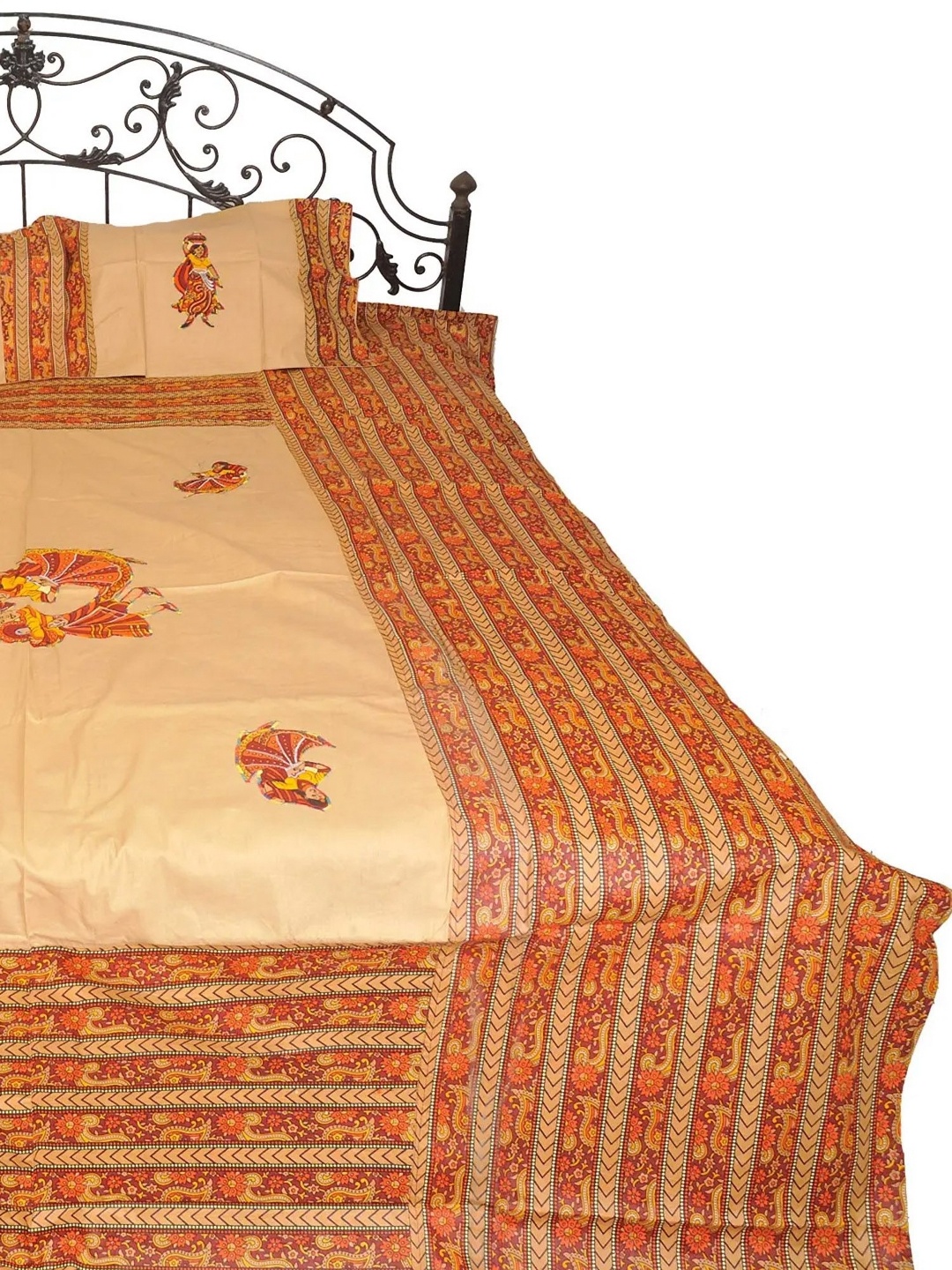 

Exotic India Beige Gujarati Bedspread with Applique Dancing Ladies with Pillow Covers