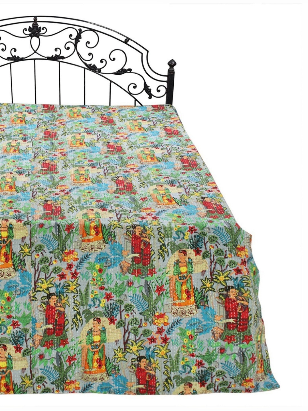 

Exotic India Tradewinds Frida-Kahlo Printed Patchwork Kantha Styled Bedding Quilt, Green