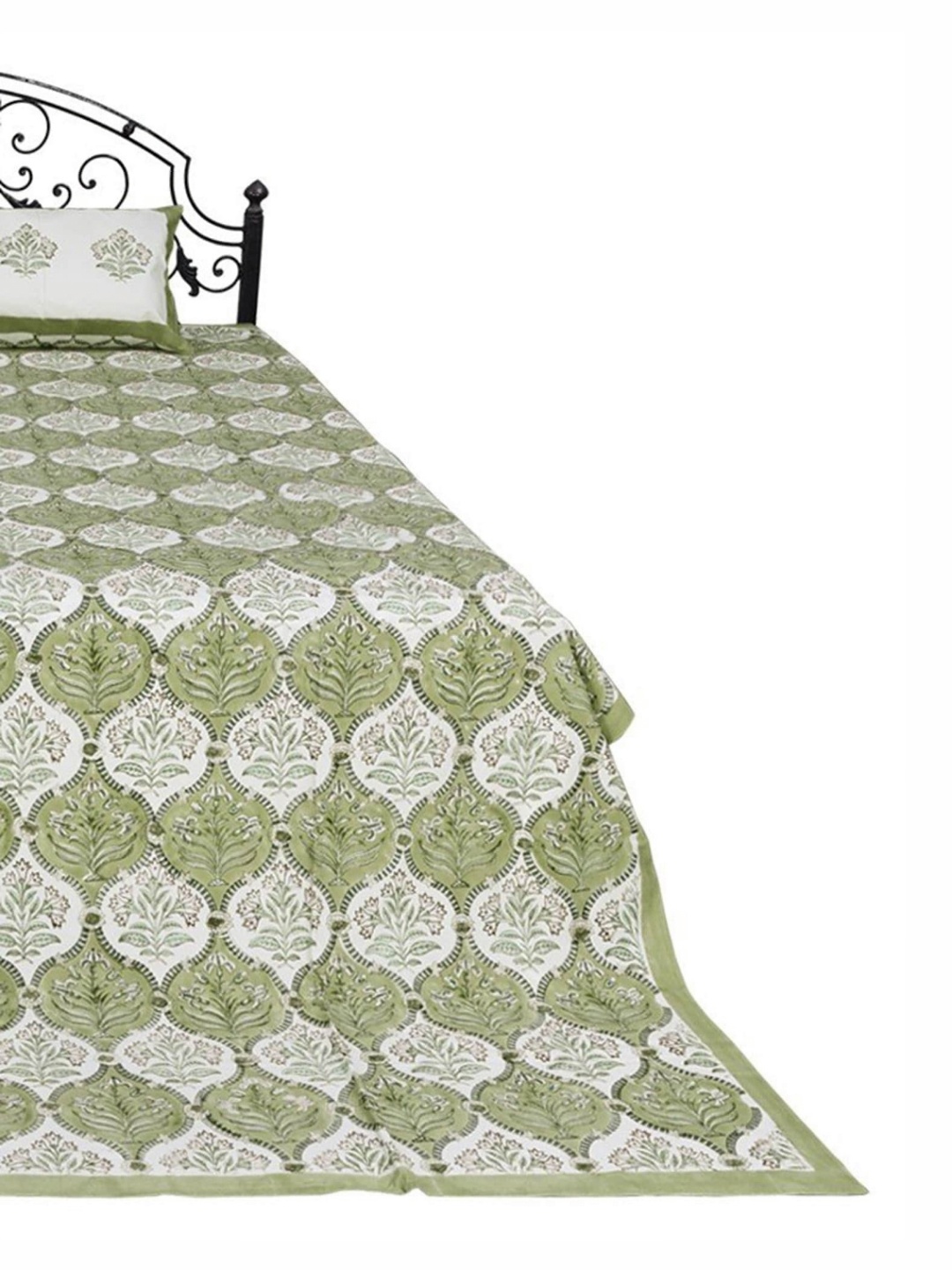 

Exotic India Pure Cotton Jaipuri Bedspread in Pastel Green and Red with Floral Block Print