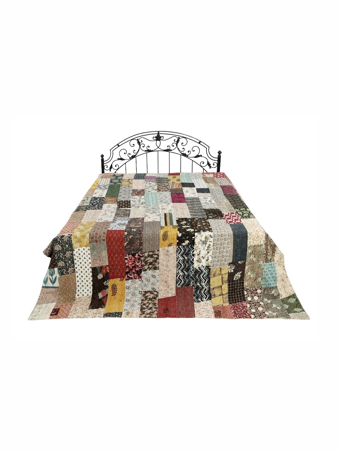 Exotic India Beige Kantha Embroidery Patch Work Pure Cotton Bed Cover