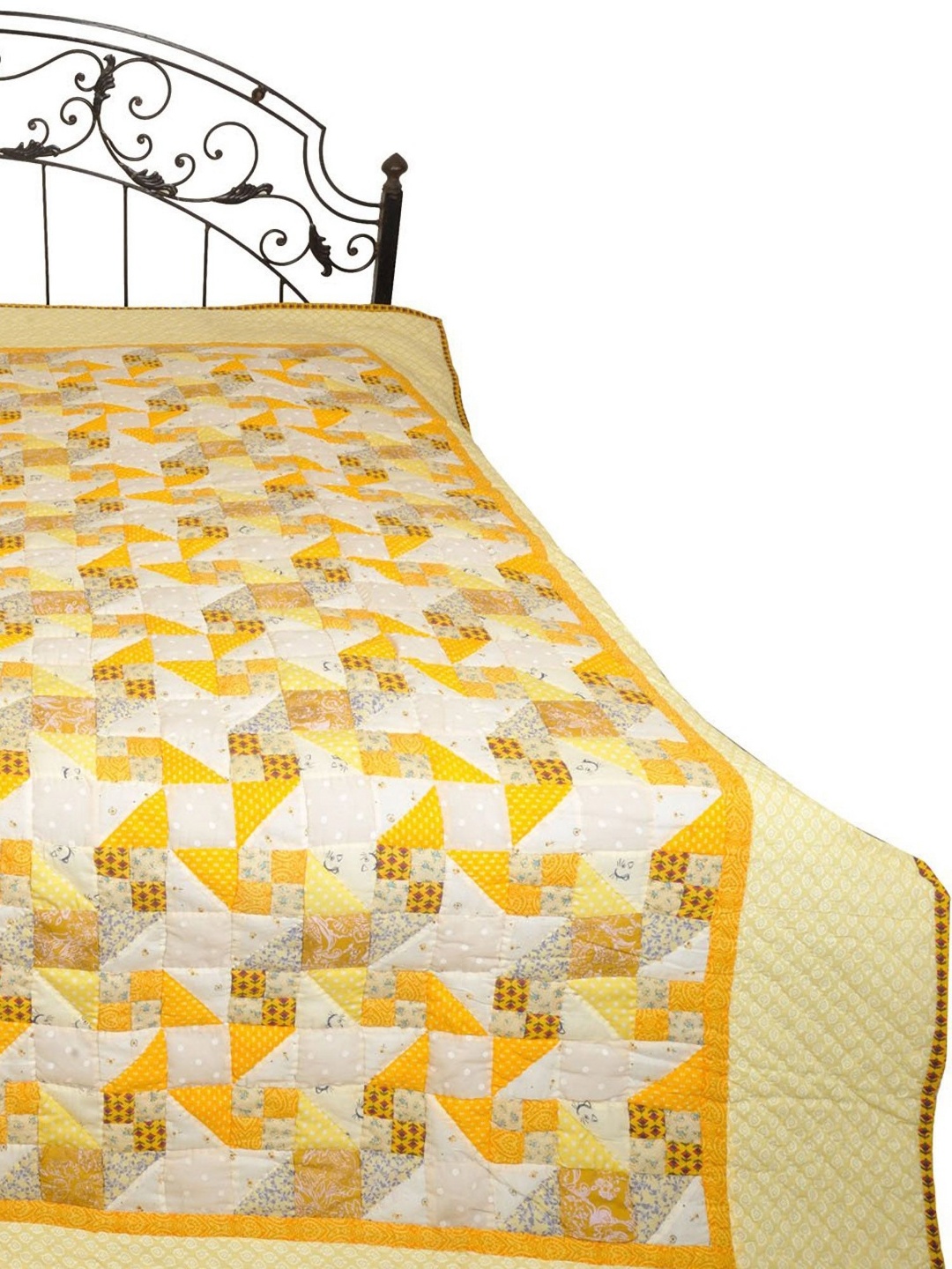 

Exotic India French Vanilla Printed Reversible Pure Cotton Blanket with Kantha Stitch, Yellow