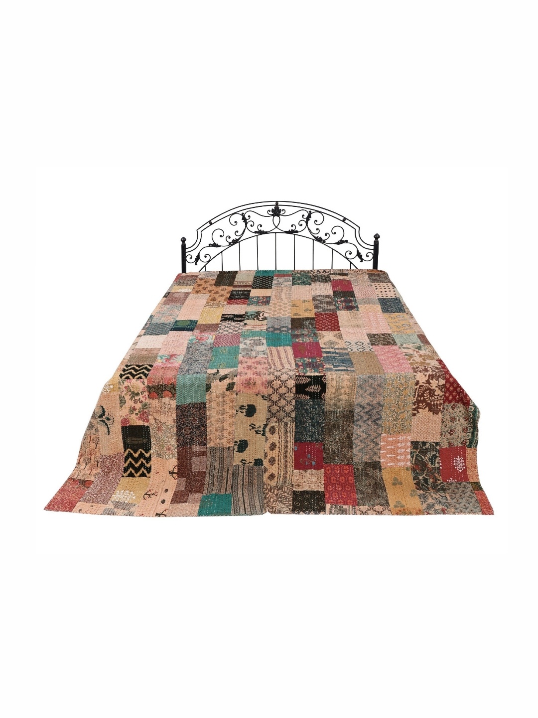 

Exotic India Peach Nector Kantha Embroidered Bedcover with Crystals and Patch Work