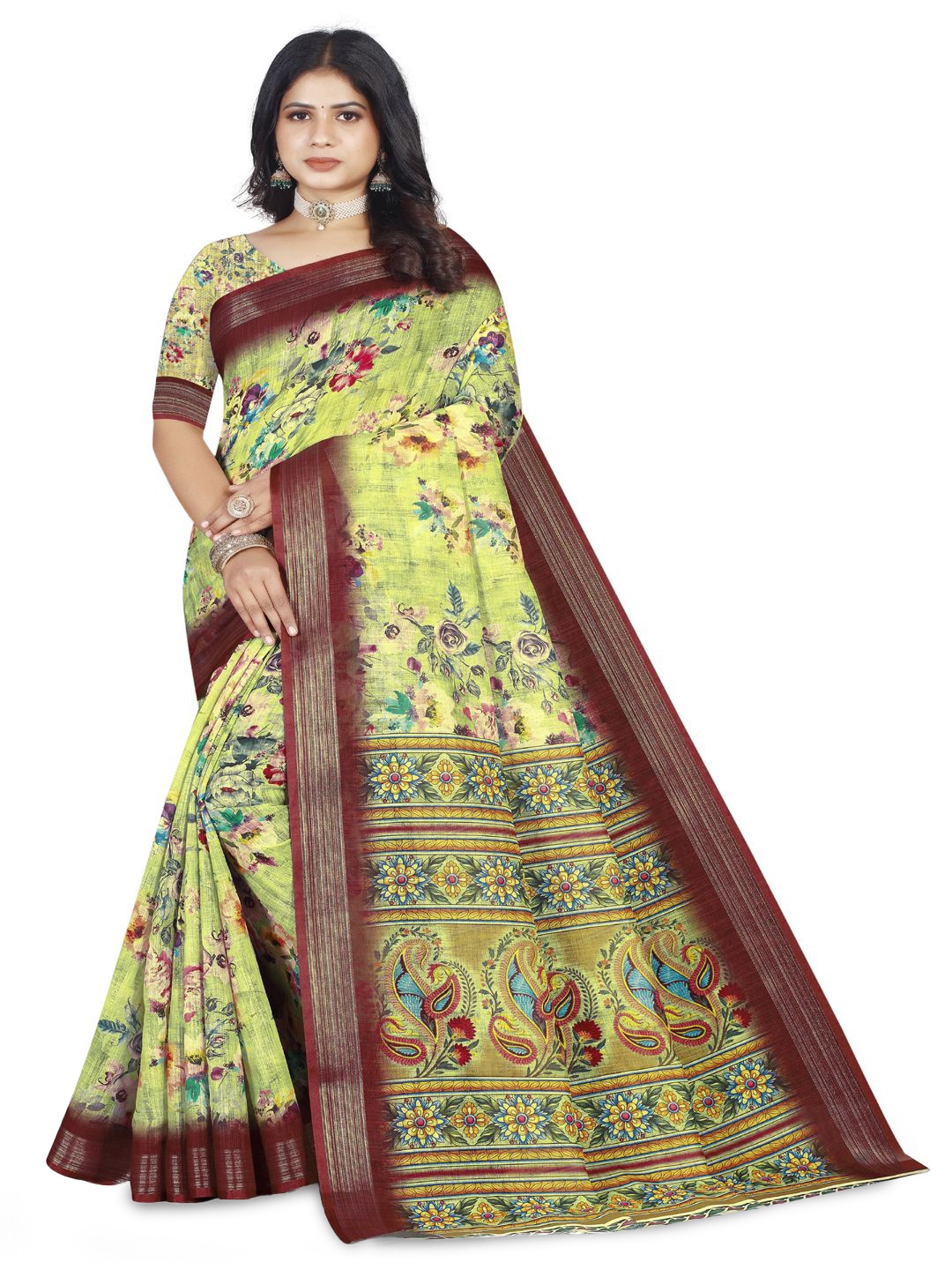 

Preethu Floral Zari Silk Cotton Ready to Wear Saree, Lime green