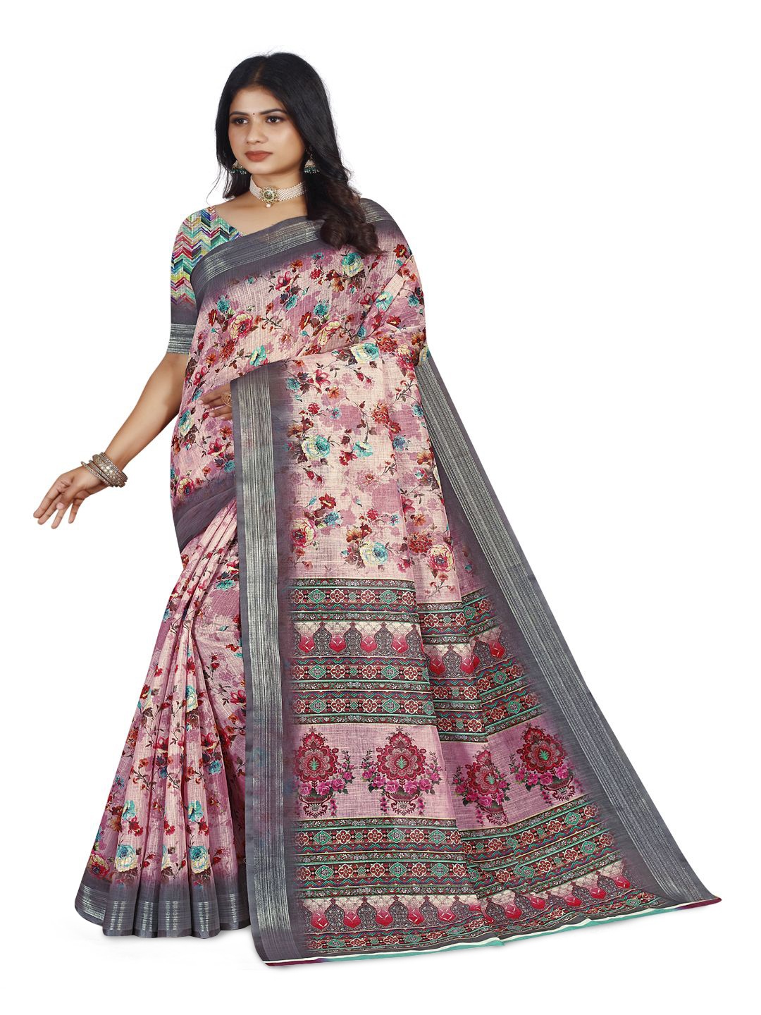 Preethu Floral Zari Silk Cotton Mysore Silk Saree, Purple