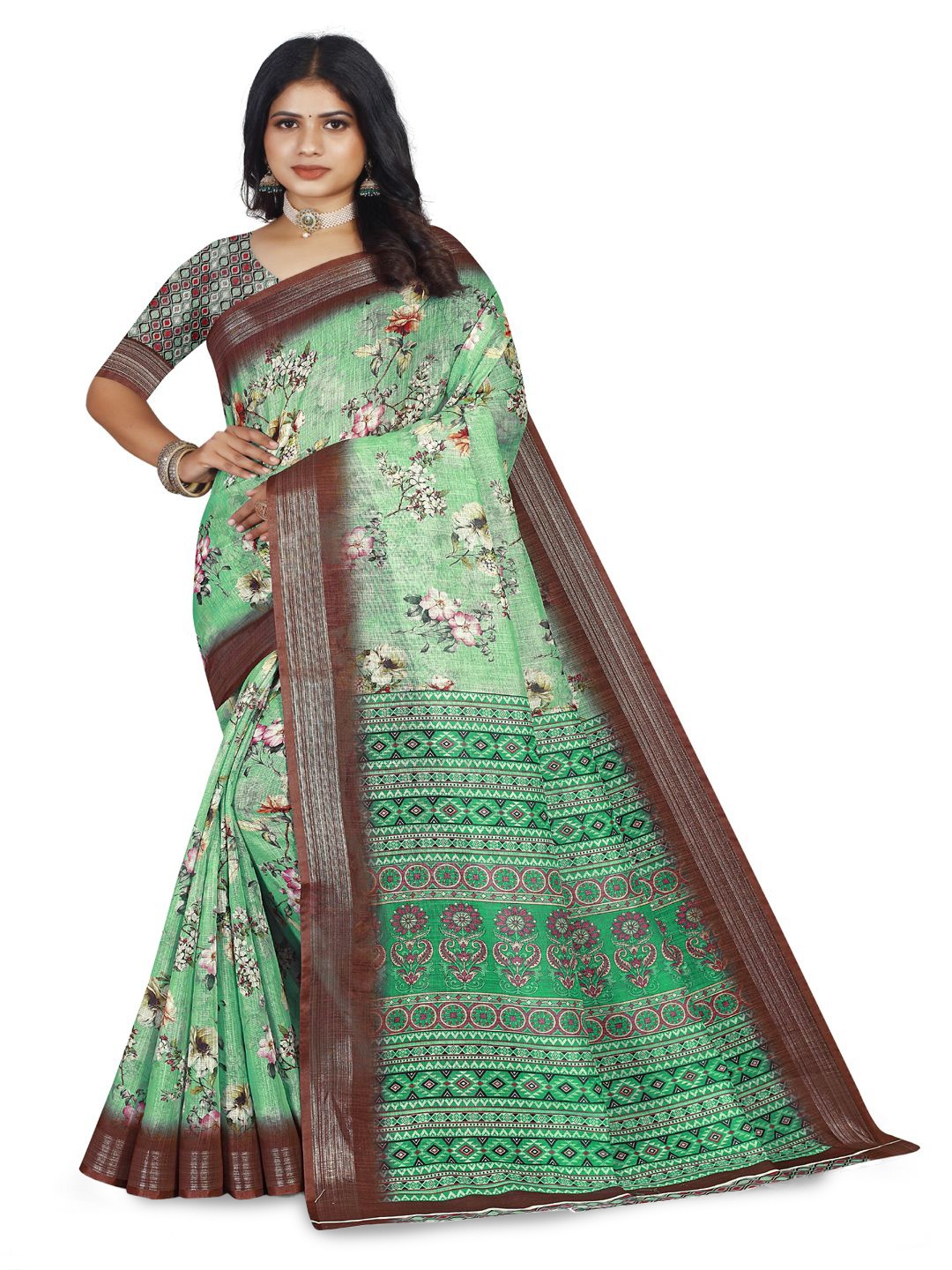 Preethu Floral Zari Silk Cotton Mysore Silk Saree, Green