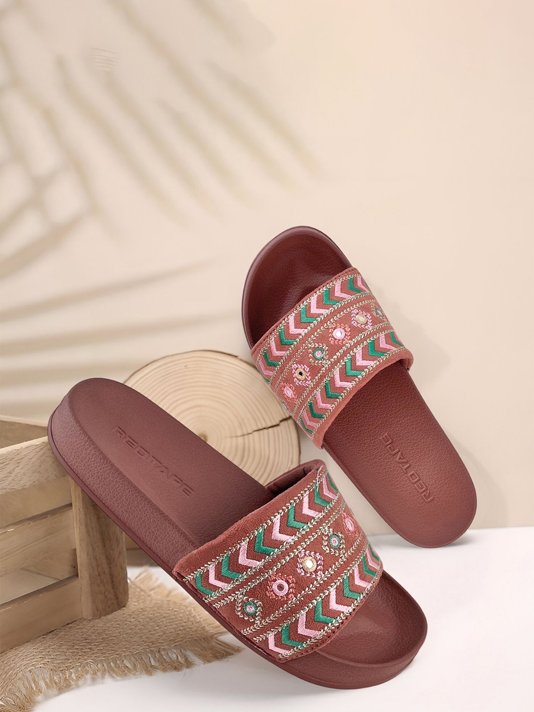 

Red Tape Women Printed Sliders, Camel brown