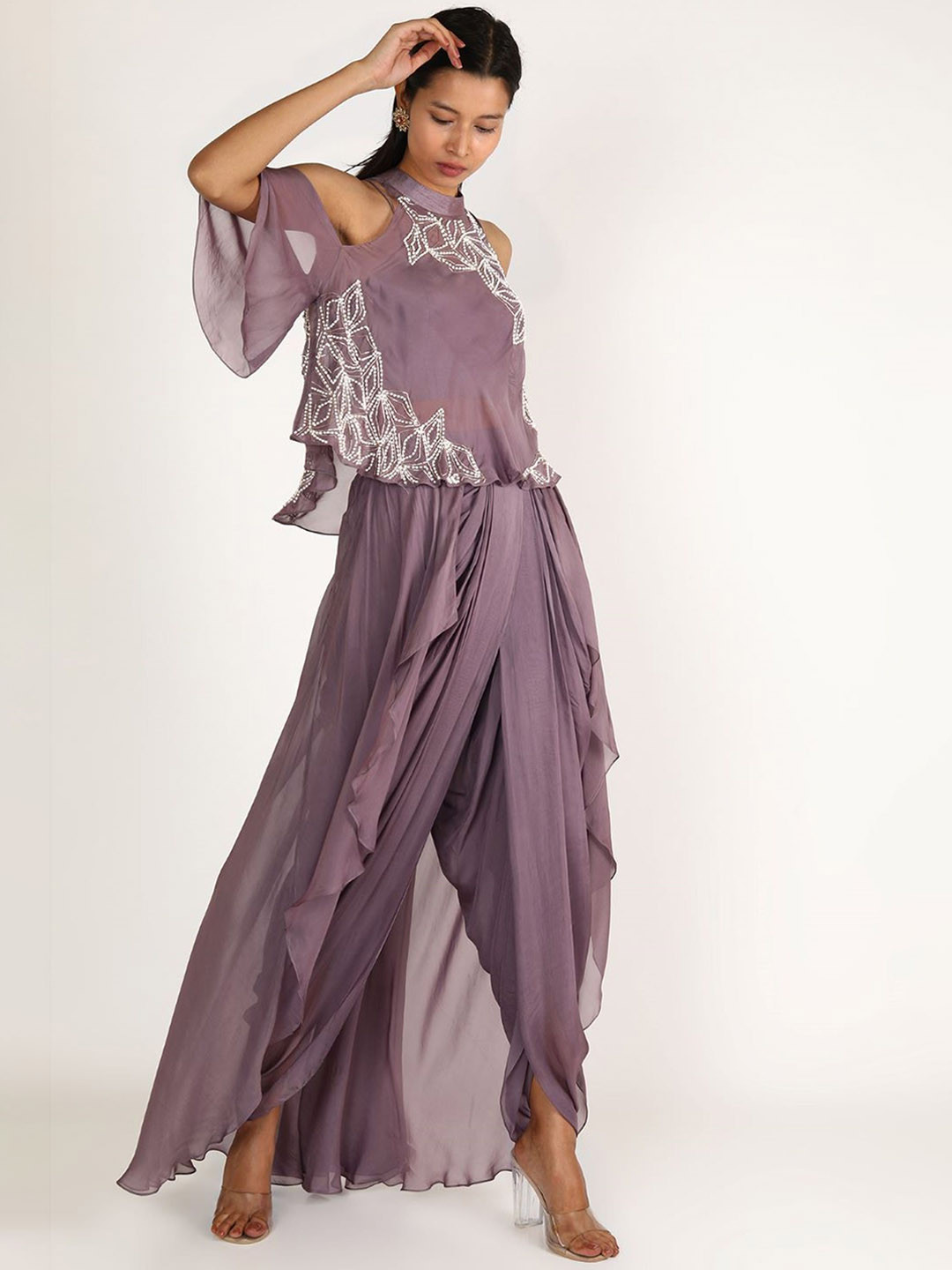 

Masumi Mewawalla Embroidered High Neck Cold ShoulderTop With Dhoti Trouser, Pink