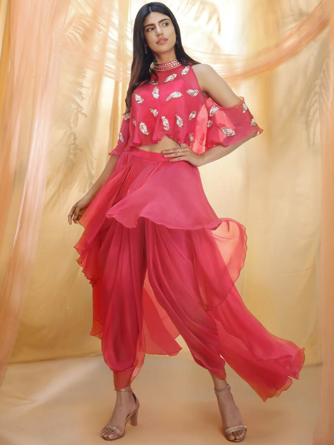 

Masumi Mewawalla Organza Top With Dhoti Pant Set, Pink