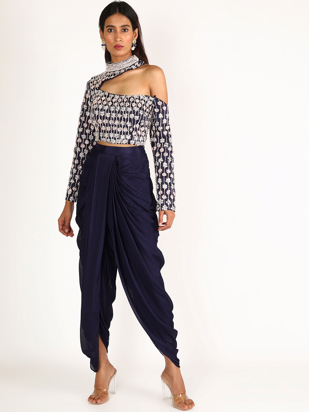 

Masumi Mewawalla Embellished Long Sleeves Top With Dhoti Trouser, Blue