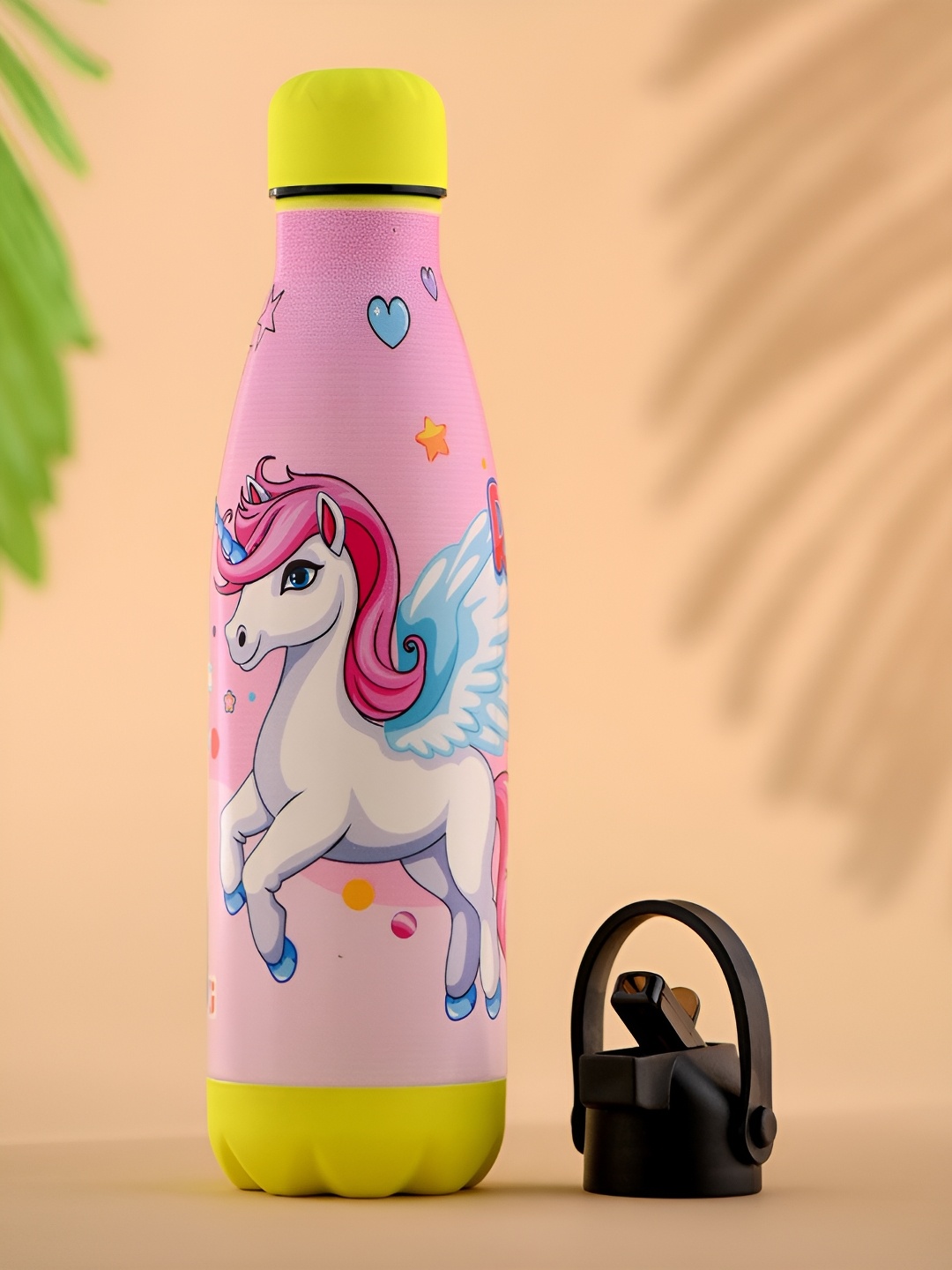 

Kuber Industries Pink & Yellow Single Stainless Steel Printed Water Bottle