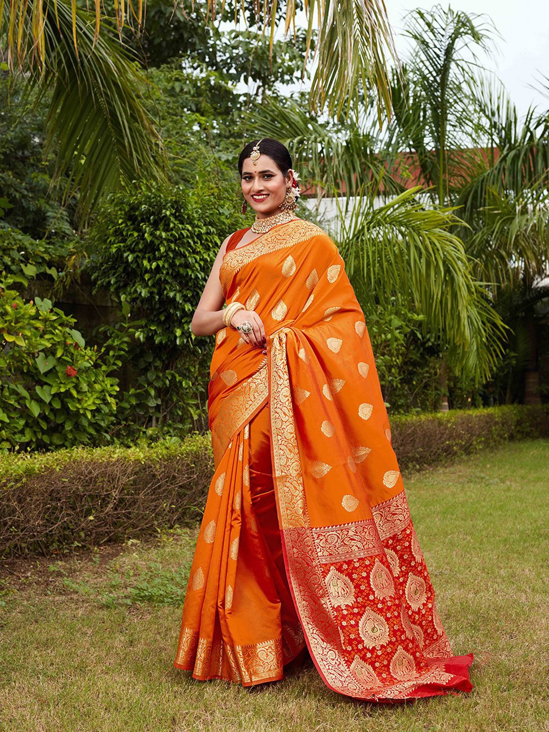 

JUST FASHION Woven Design Zari Art Silk Banarasi Saree, Orange