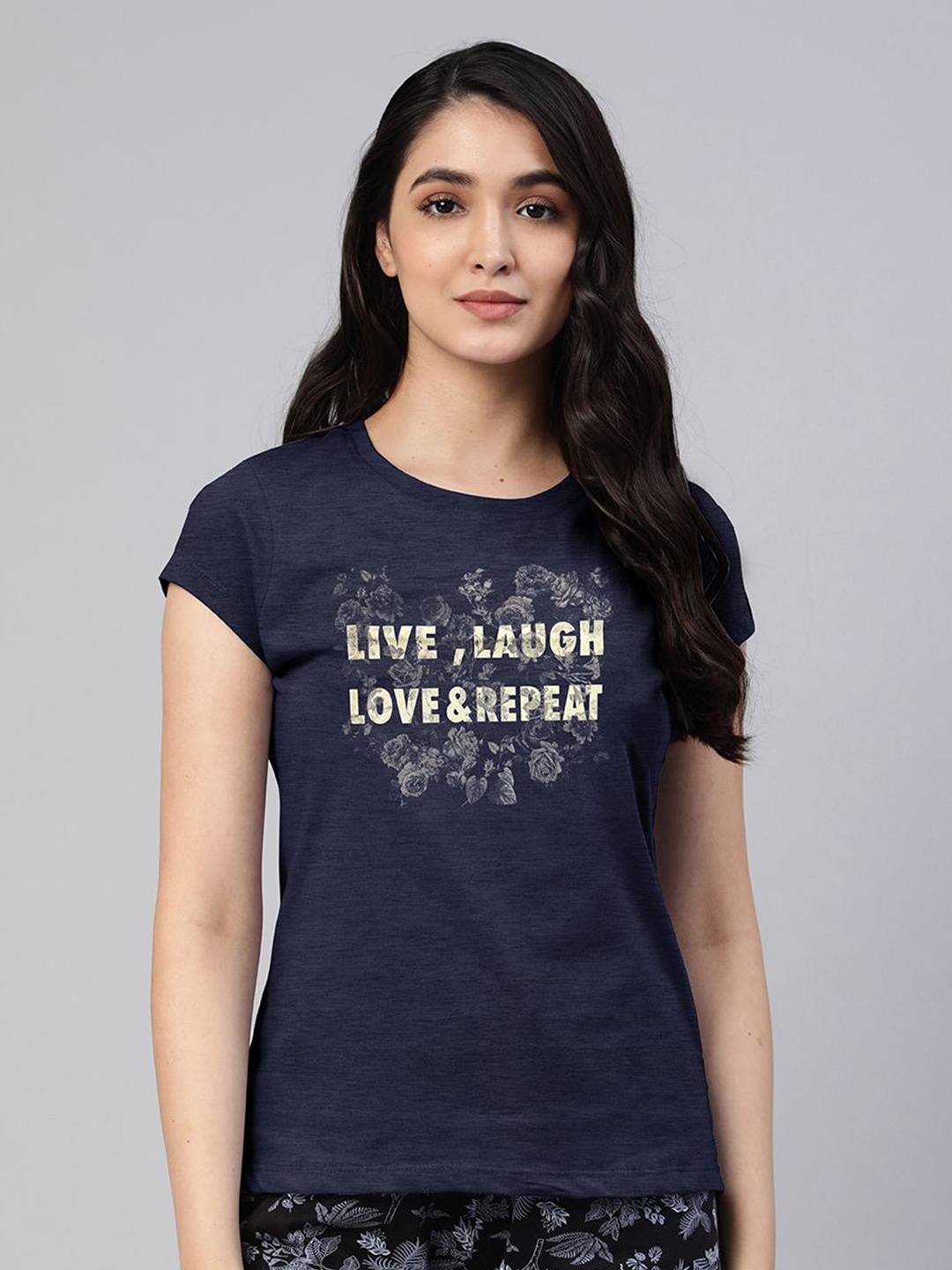 

LYRA Women Typography Printed Extended Sleeves T-shirt, Navy blue