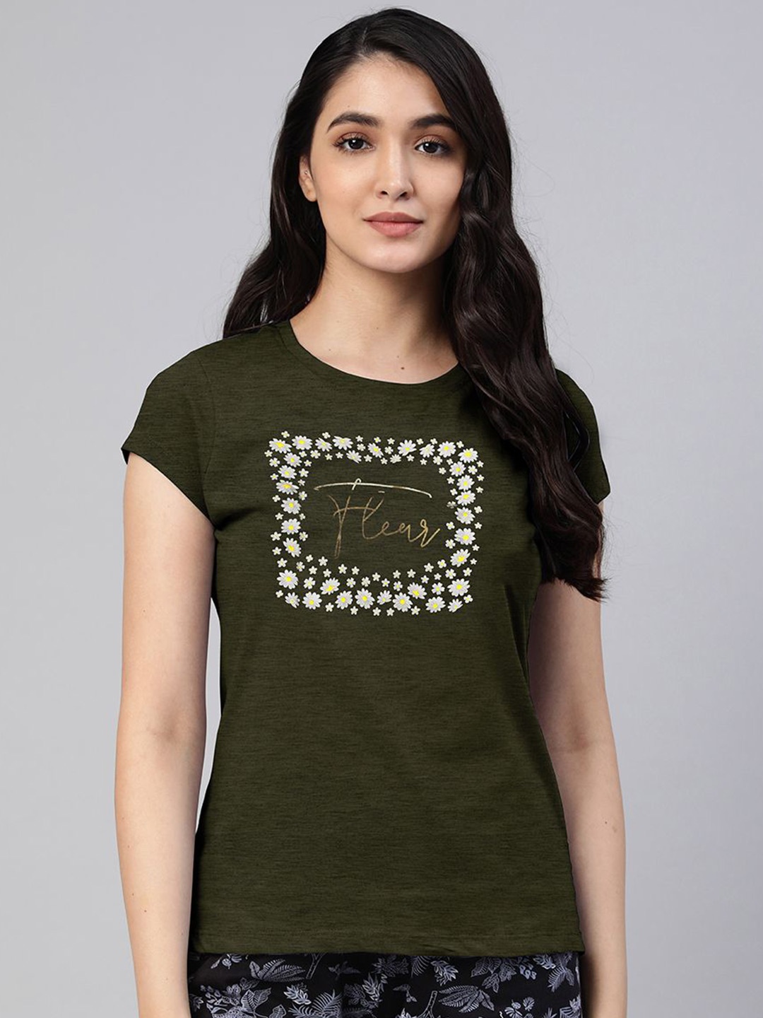 

LYRA Women Typography Extended Sleeves Monochrome T-shirt, Green