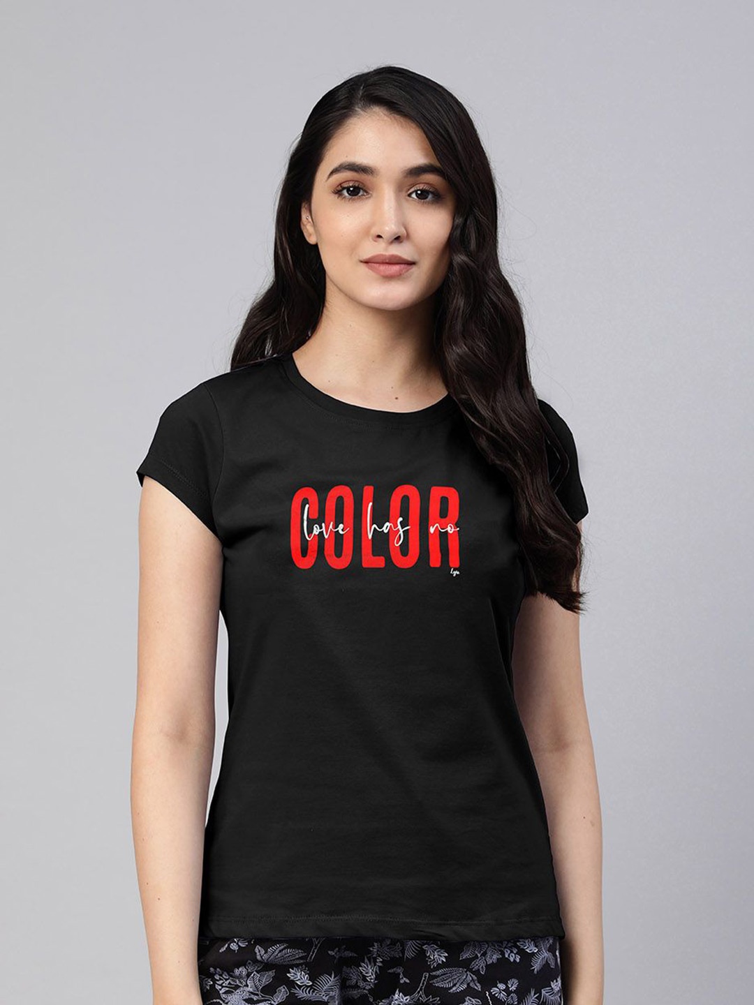 

LYRA Women Typography Printed Applique T-shirt, Black