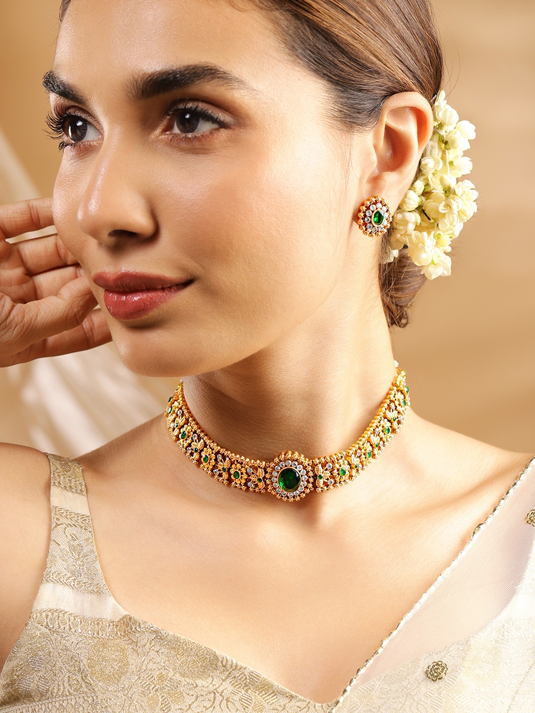 

Rubans 24K Gold Plated Handcrafted Emerald & Cubic Zicronia Studded Choker Jewellery Set