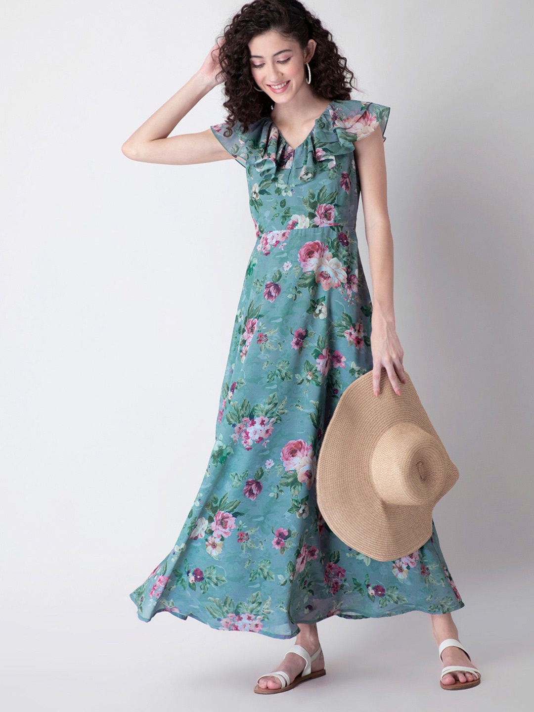 

Kedar Fab Floral Print Flutter Sleeve Georgette Maxi Dress, Green