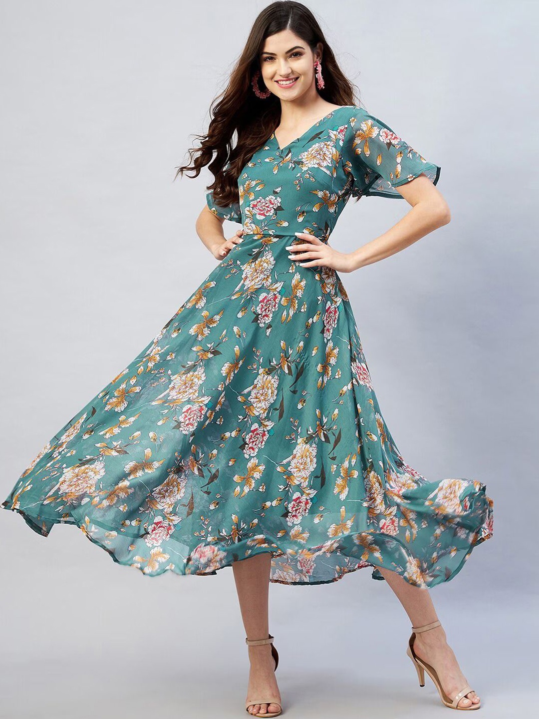 

Kedar Fab Floral Print Georgette Formal Fit & Flare Midi Dress, Green