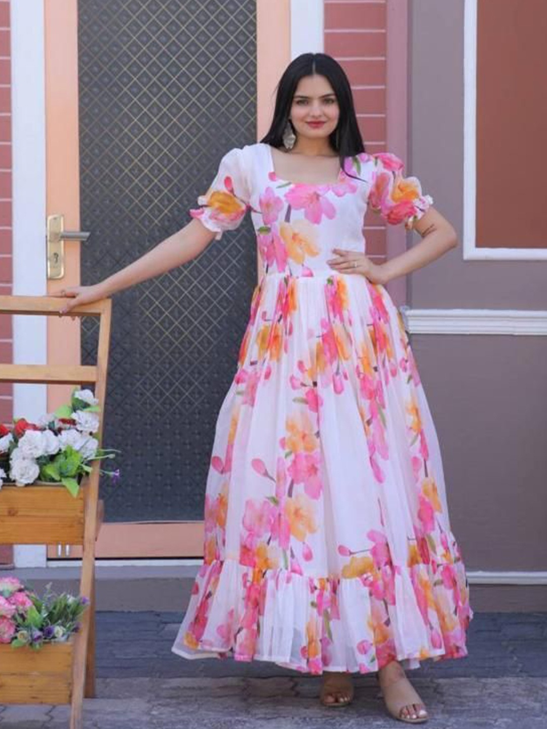 

Kedar Fab Floral Print Georgette Fit & Flare Dress, White