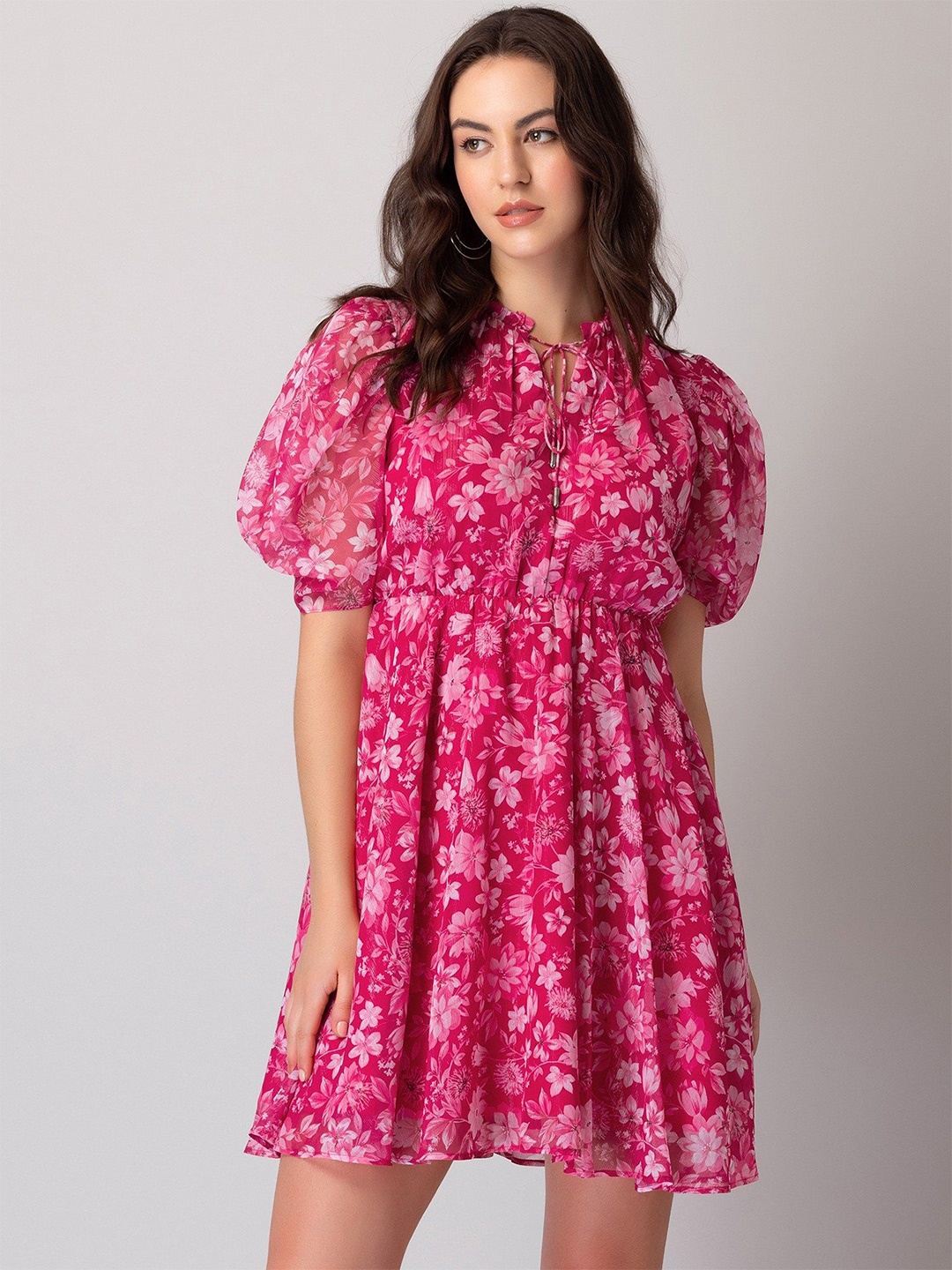 

Kedar Fab Floral Print Puff Sleeve Georgette Fit & Flare Dress, Pink