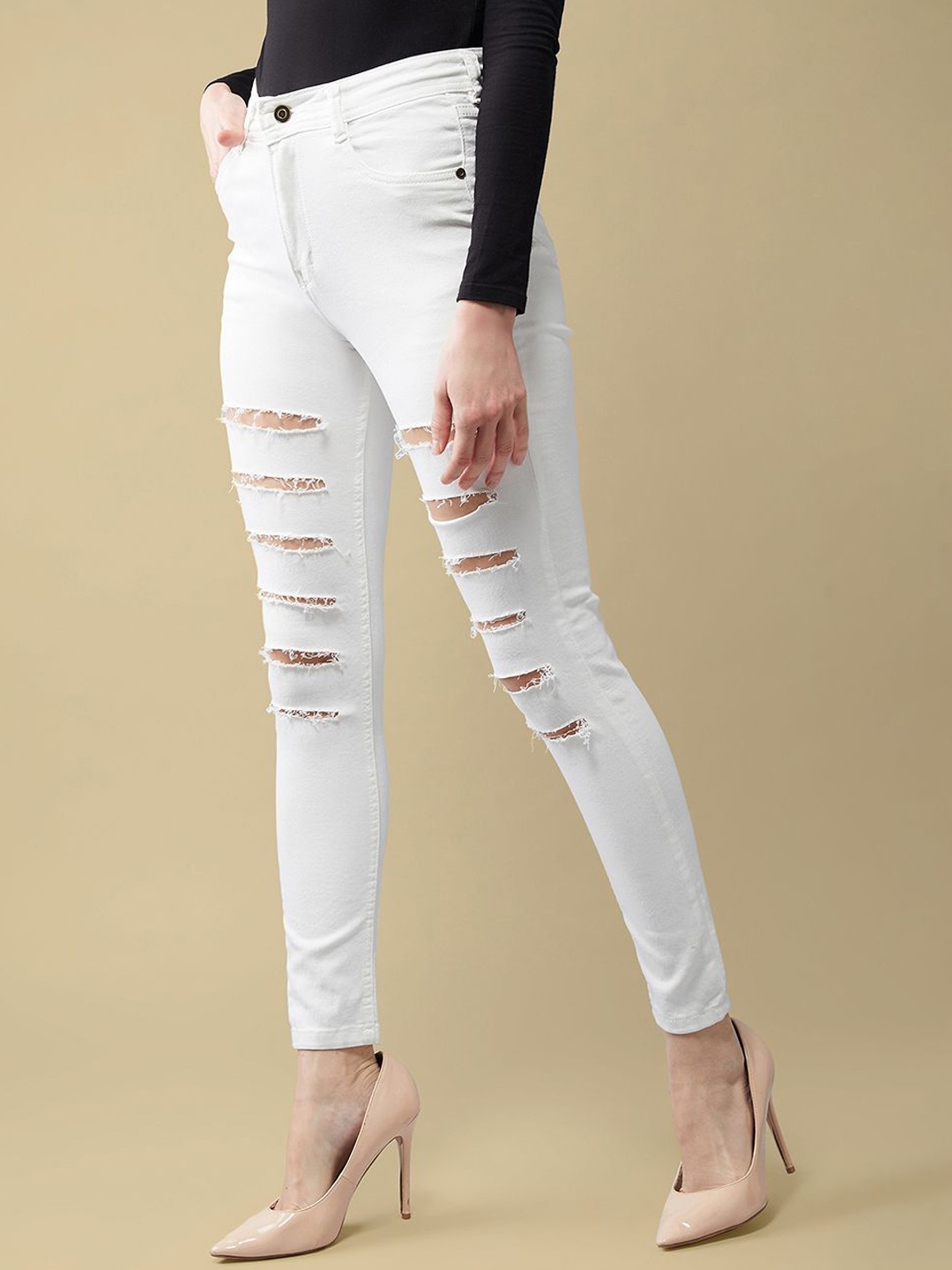 

DOLCE CRUDO Women Skinny Fit High-Rise Highly Distressed Stretchable Jeans, White