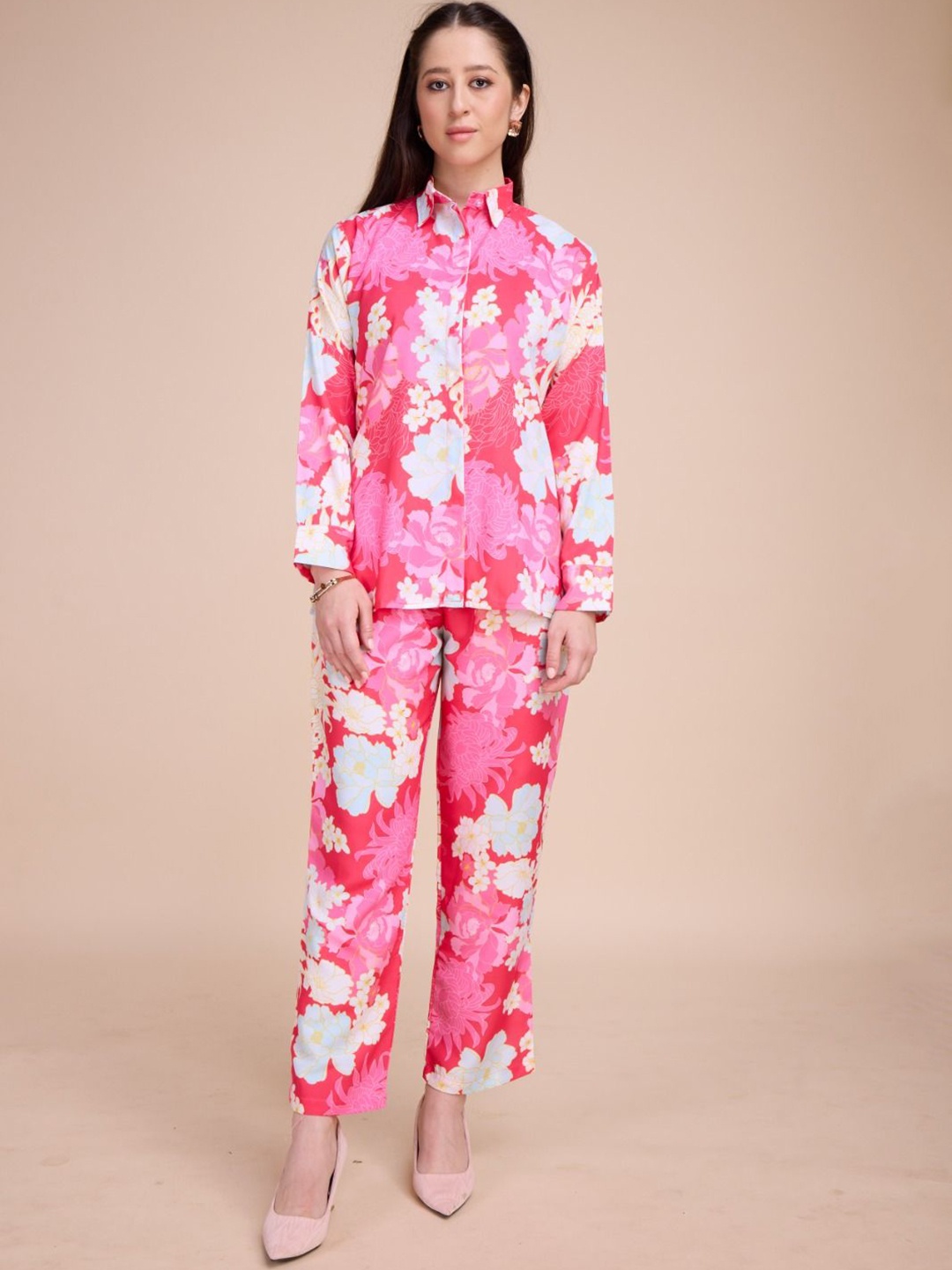 

Kandora Printed Shirt With Palazzo Co-Ords, Pink