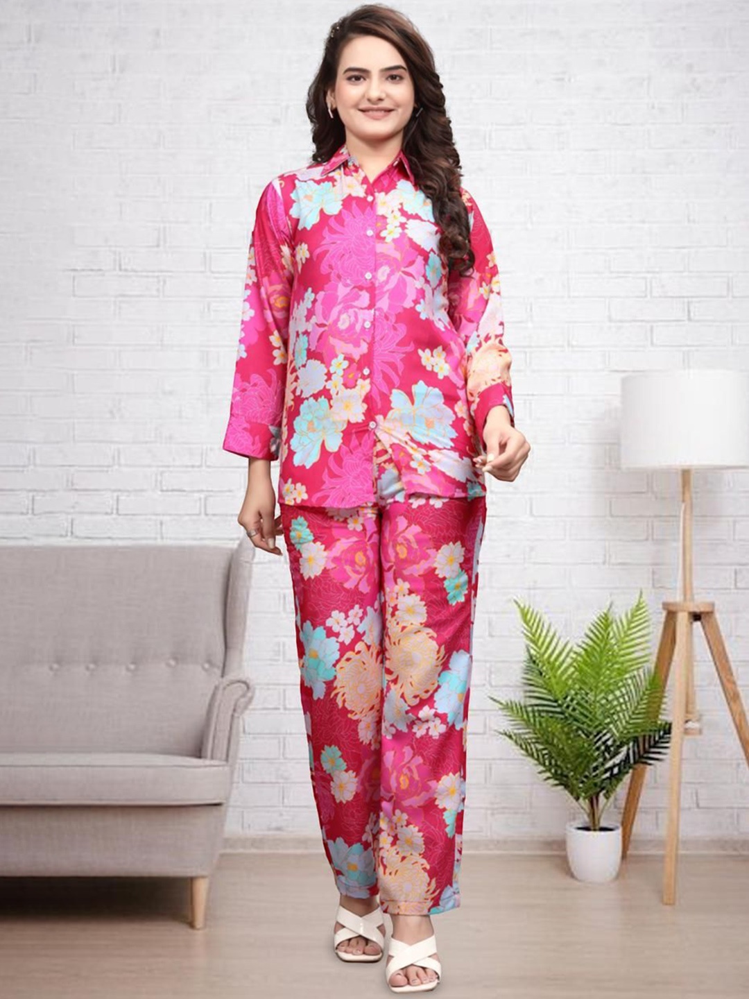 

Kandora Printed Long Sleeve Shirt & Trousers Co-Ords, Pink