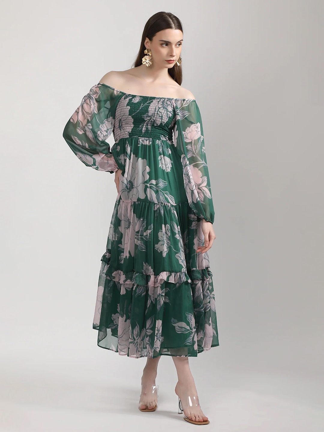 

BOTNIA Floral Print Off-Shoulder Puff Sleeve Georgette A-Line Midi Dress, Green
