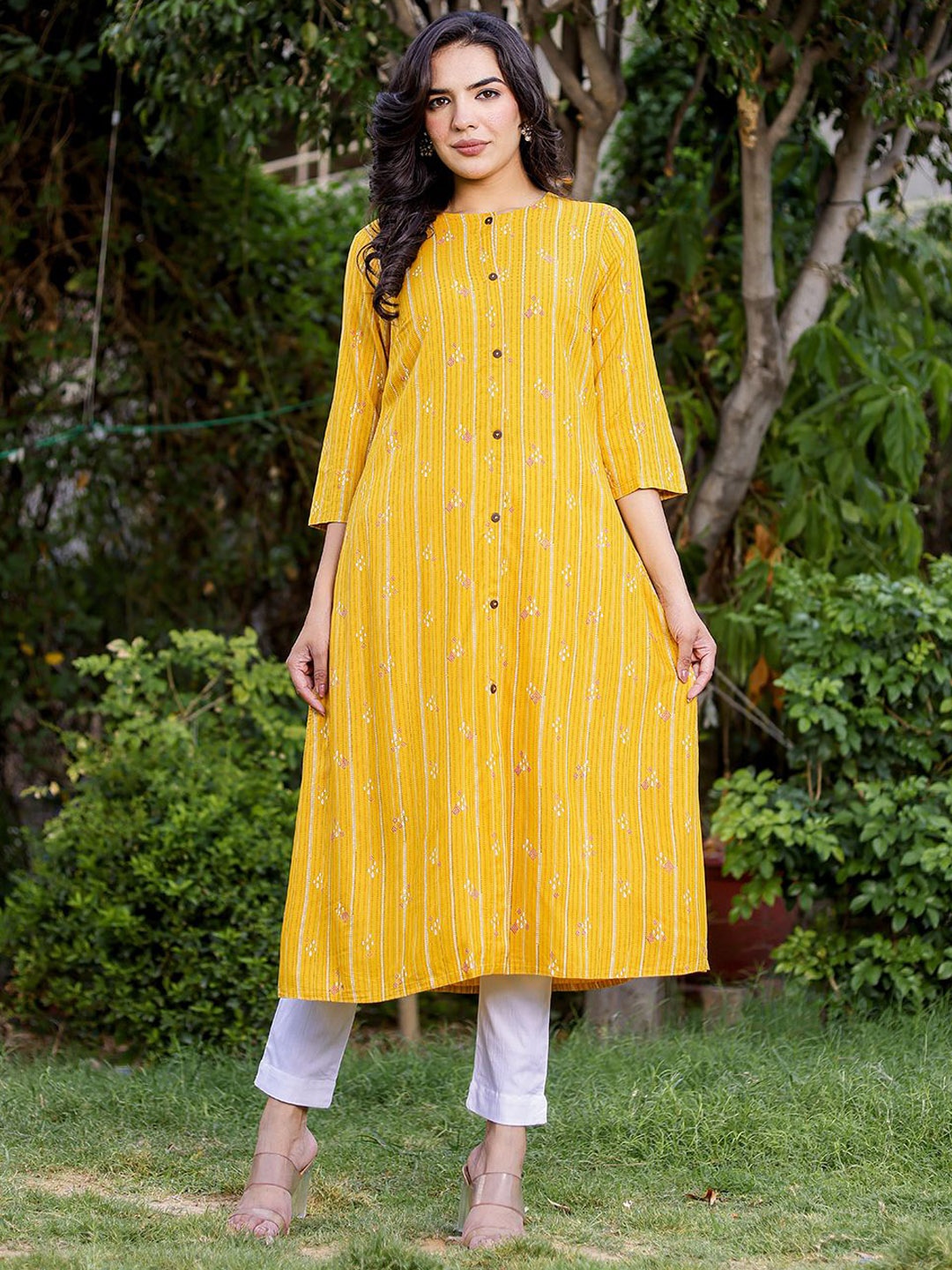 

VASVI Striped Regular Sleeves A-Line Kurta, Mustard