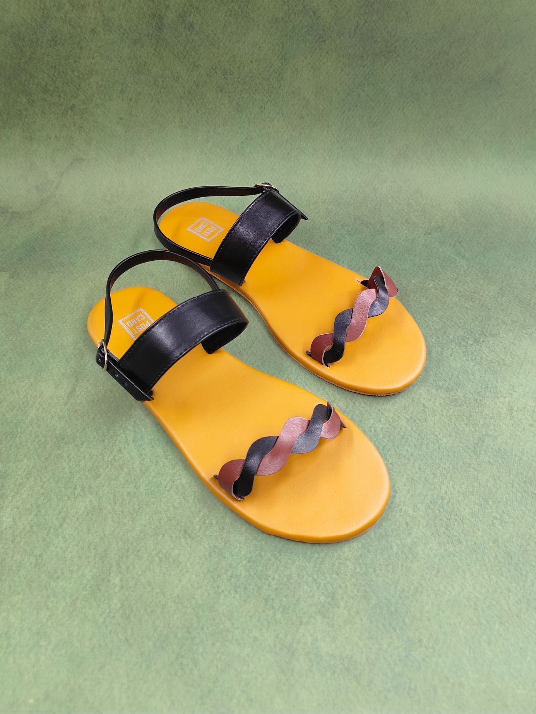 

POSTCARD Women Printed Open Toe Flats with Bows, Black