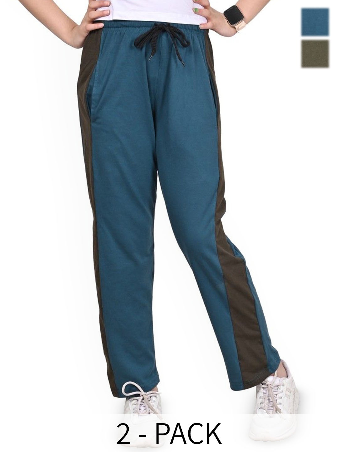 

BAESD Girls Pack Of 2 Pure Cotton Mid Rise Track Pants, Blue