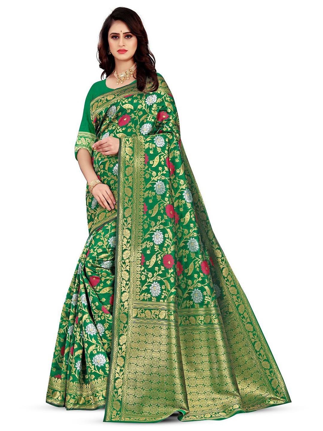 

THE WOMEN DECOR Ethnic Motifs Zari Silk Blend Banarasi Saree, Green