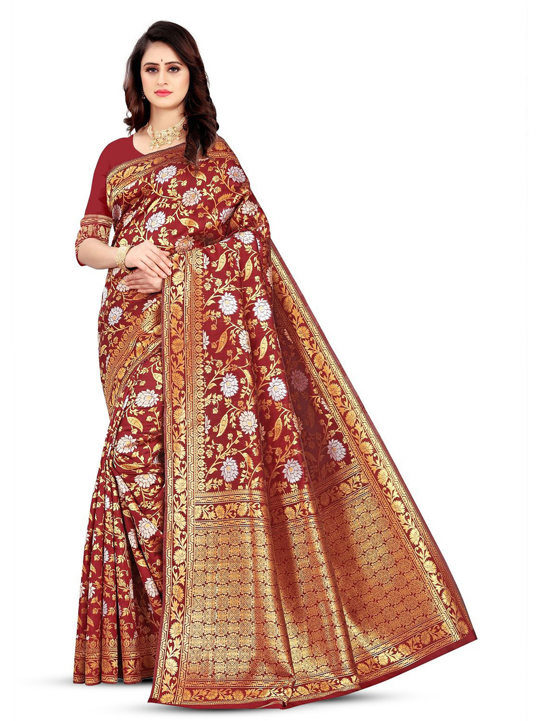 

THE WOMEN DECOR Floral Zari Silk Blend Banarasi Saree, Maroon