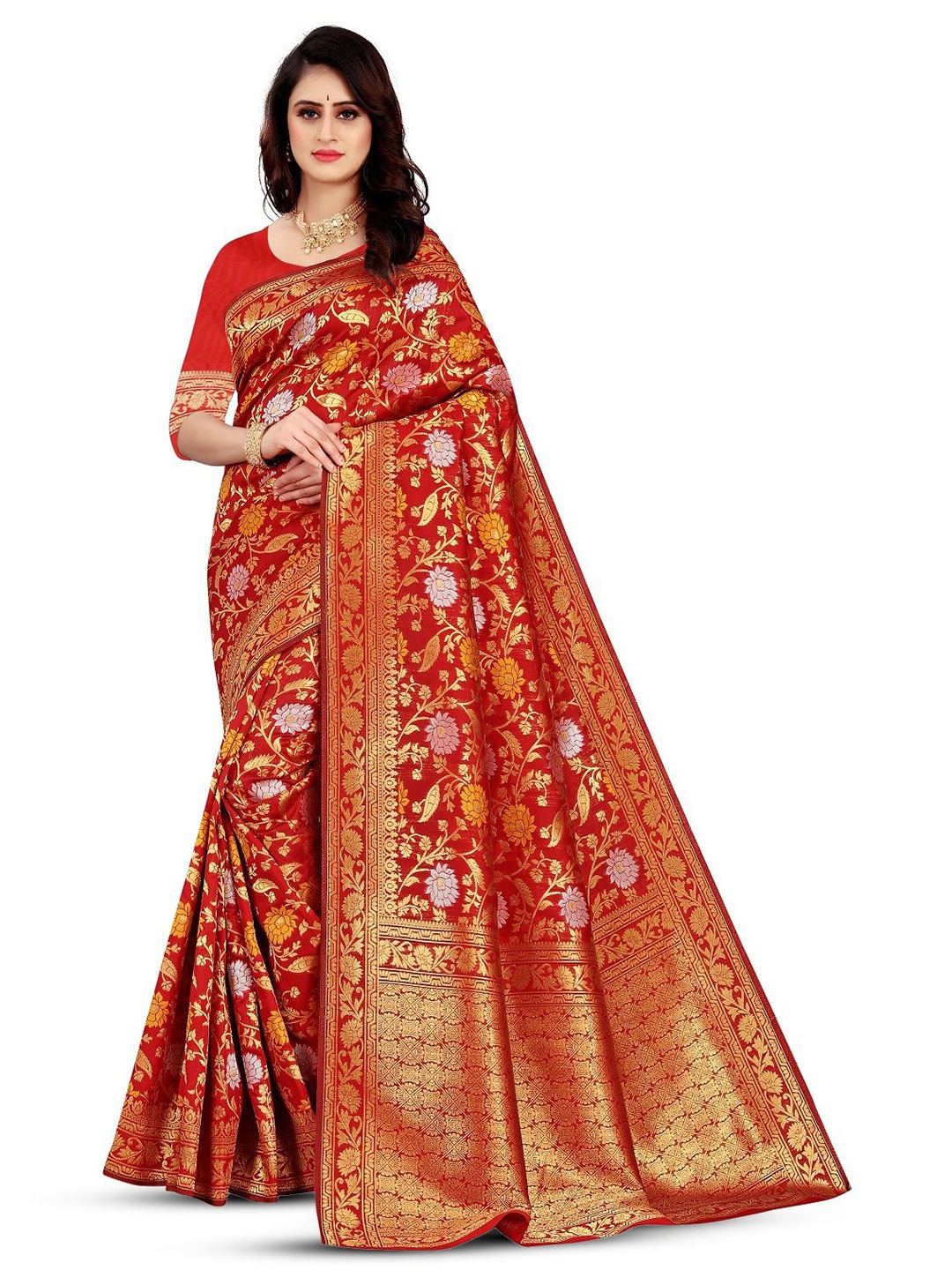

THE WOMEN DECOR Ethnic Motifs Zari Silk Blend Fusion Banarasi Saree, Red