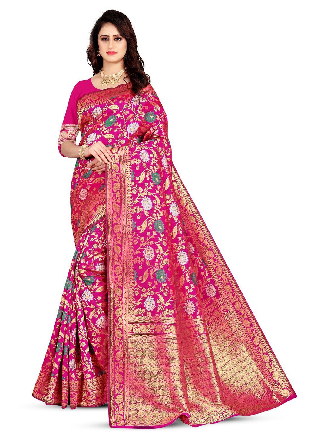 

THE WOMEN DECOR Ethnic Motifs Zari Silk Blend Banarasi Saree, Pink
