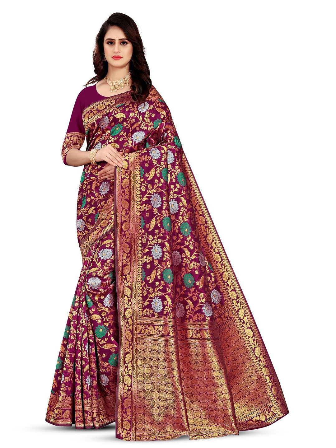 

THE WOMEN DECOR Ethnic Motifs Zari Silk Blend Banarasi Saree, Maroon