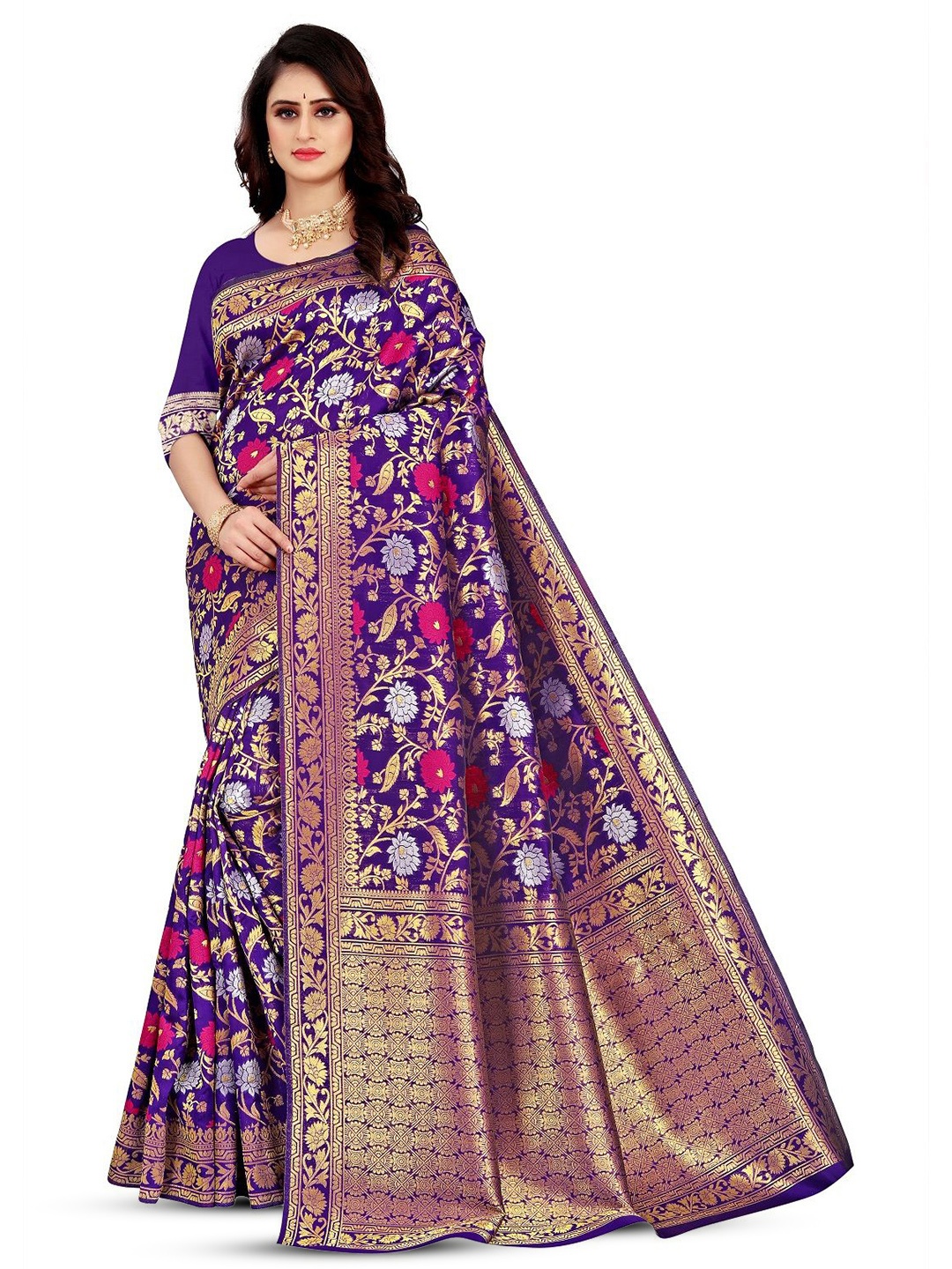 

THE WOMEN DECOR Ethnic Motifs Zari Silk Blend Banarasi Saree, Violet
