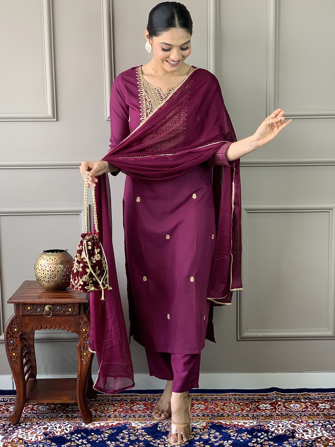 

KALINI Women Ethnic Motifs Embroidered Regular Thread Work Kurta with Trousers & With Dupatta, Purple