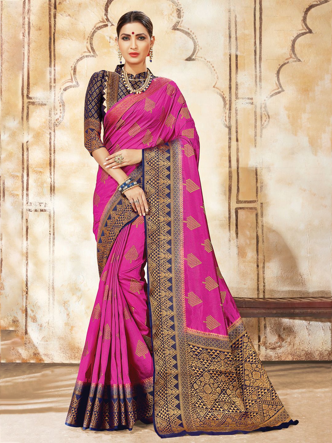 

SANGAM PRINTS Woven Design Zari Tussar Saree, Pink